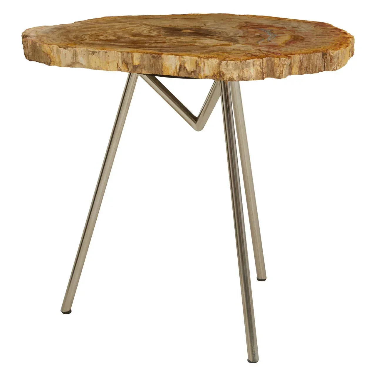 Petrified wood side table with metal tripod legs and live edge finish