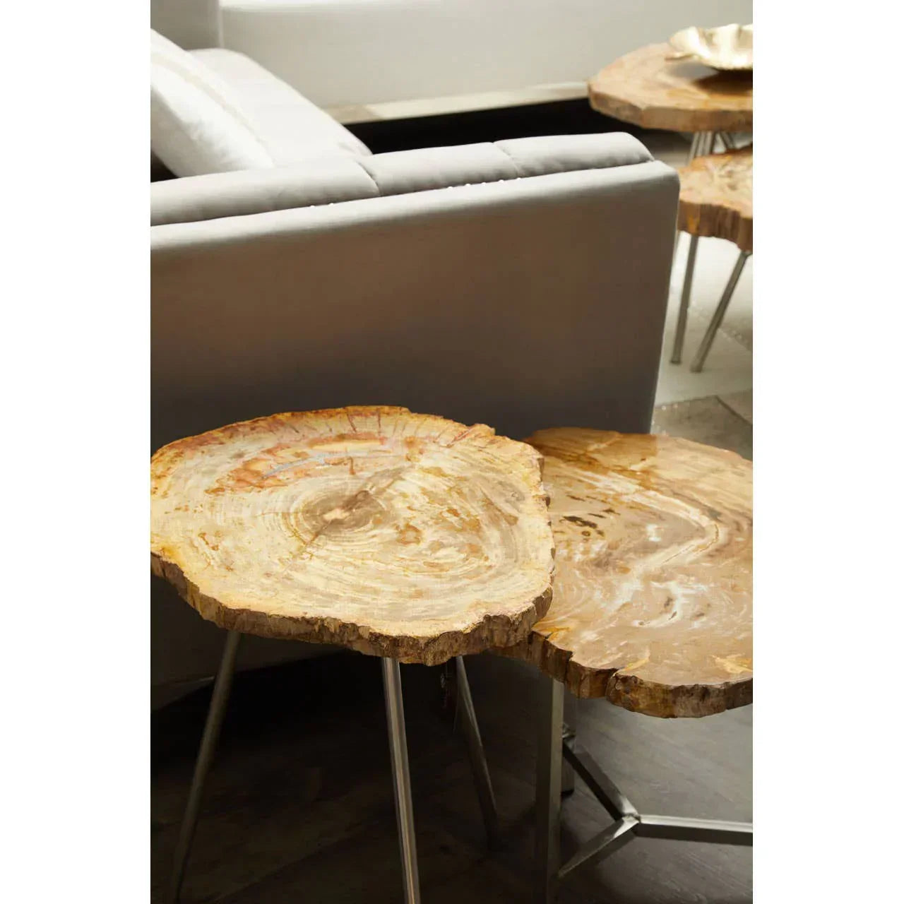 Petrified wood top side tables with metal legs beside a grey sofa in living room