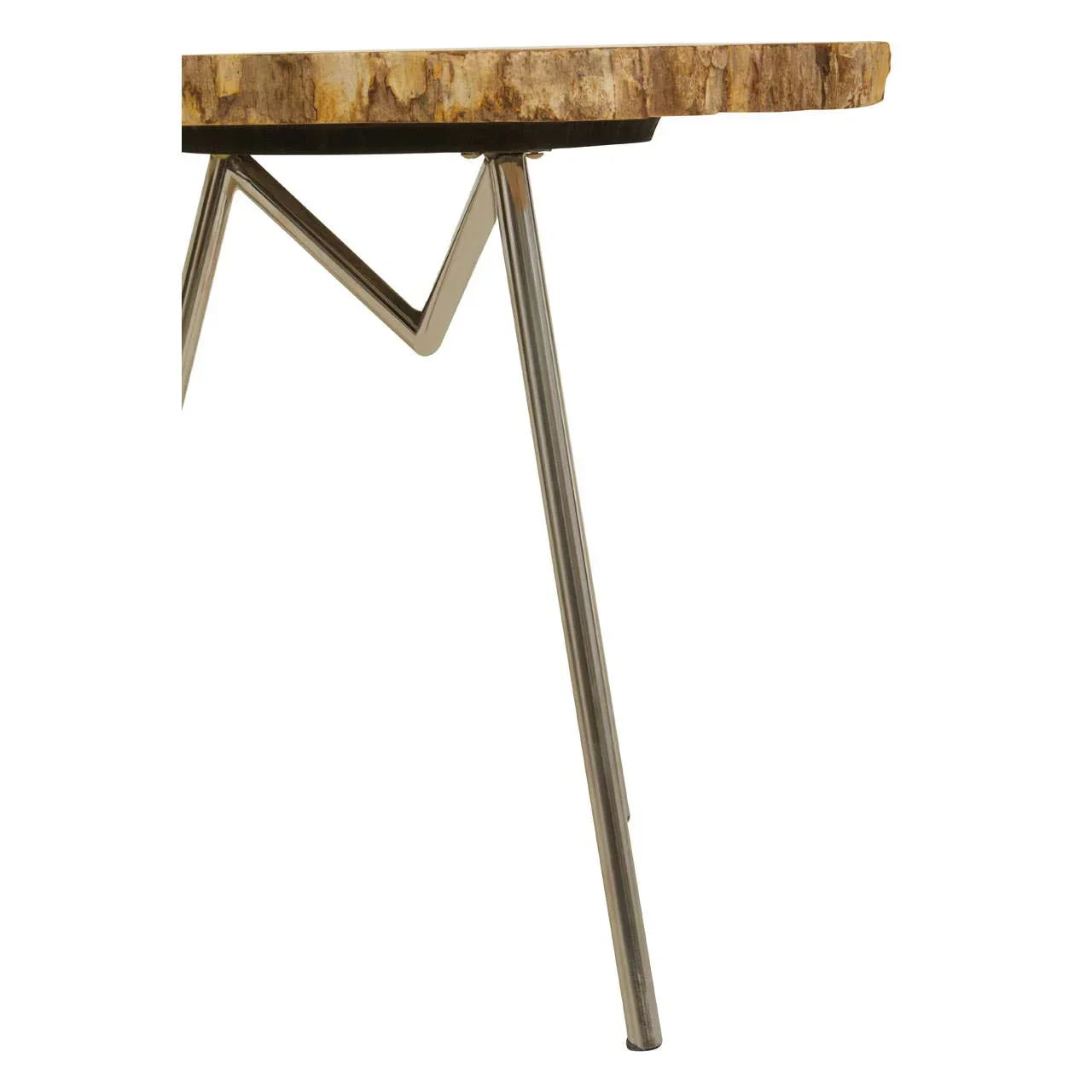 Close view of metal table leg supporting a natural wood tabletop