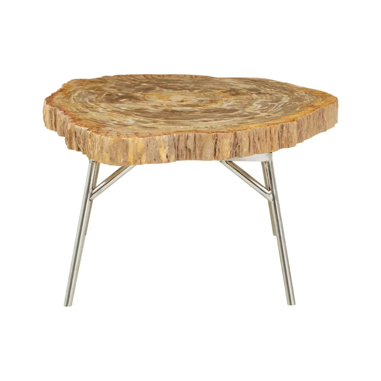 Rustic wood side table with live edge top and metal legs on white background