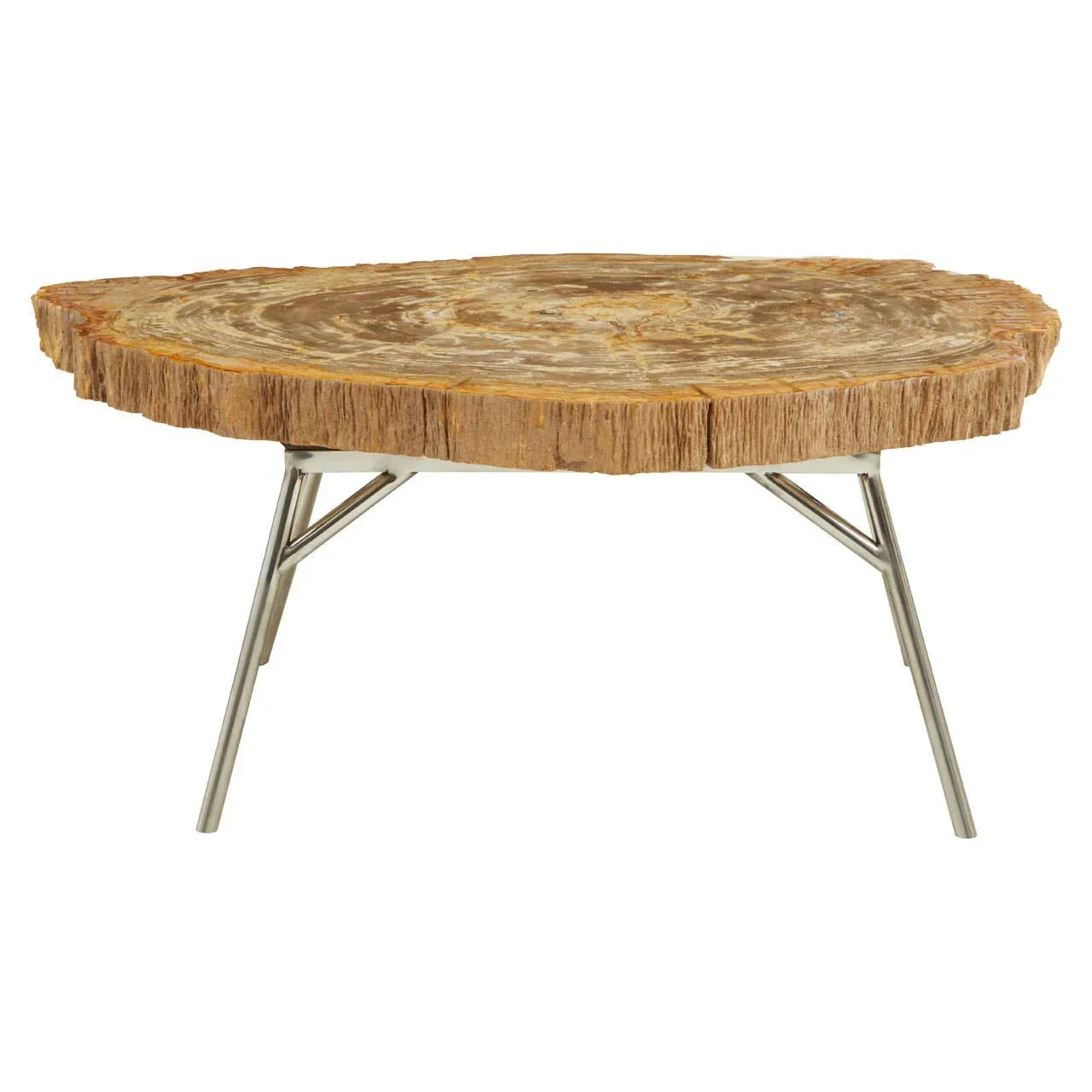 Wood slab coffee table with natural edge and metal legs, front view