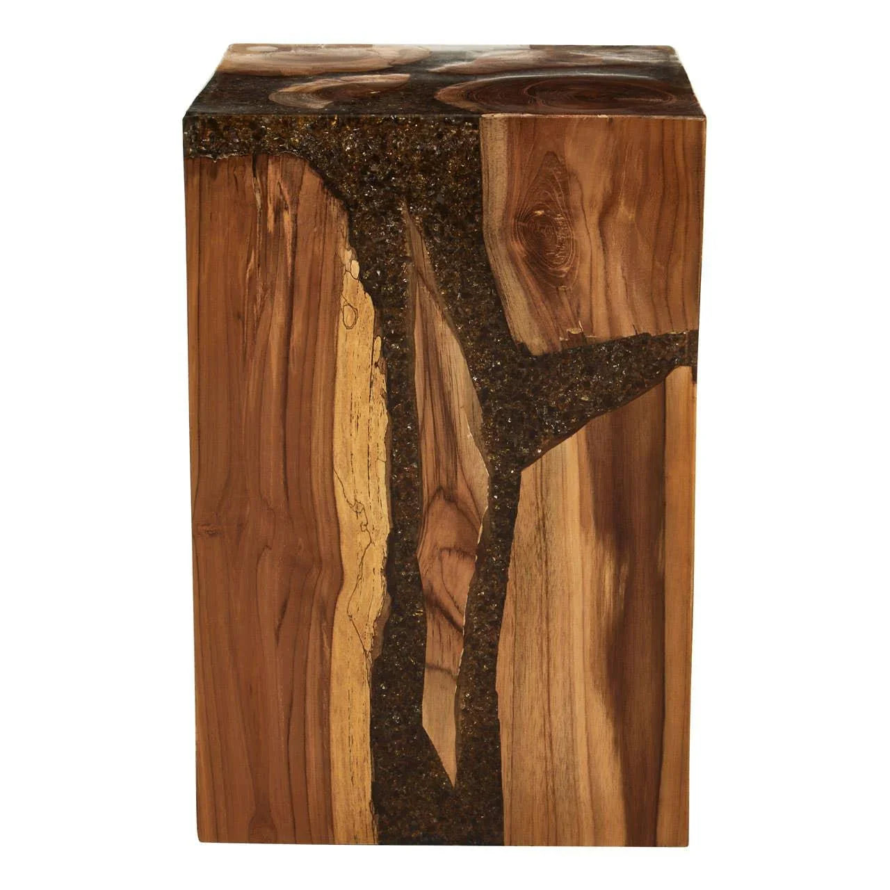 Rectangular wooden side table with resin inlay and natural grain pattern, front view