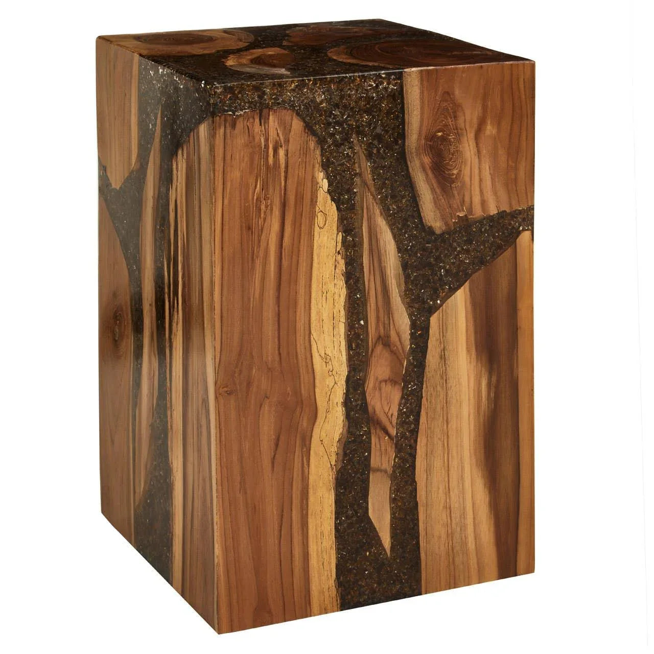 Rectangular wood and resin side table with natural grain and epoxy detailing