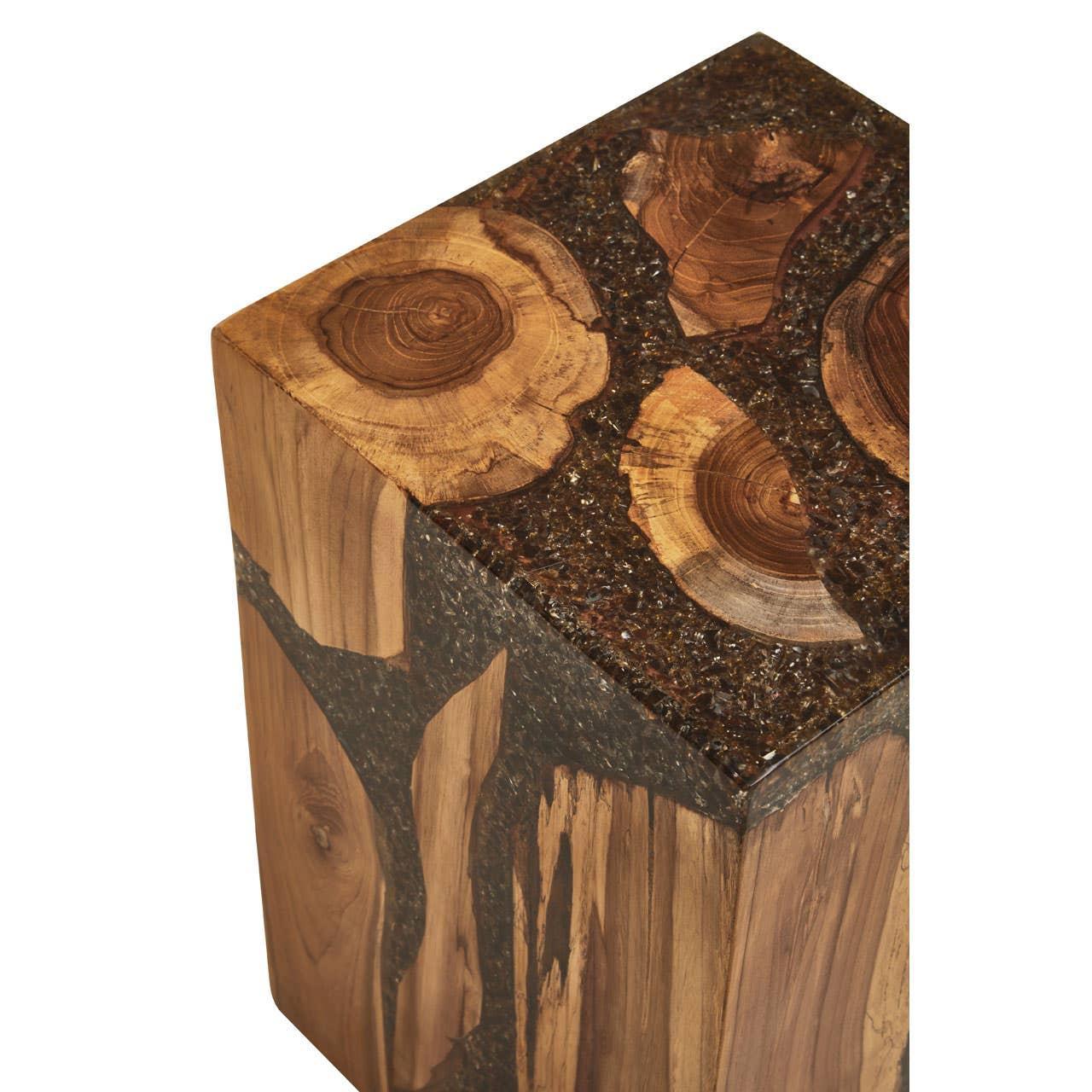 Wood and resin side table with natural tree cross-section detail on top corner view