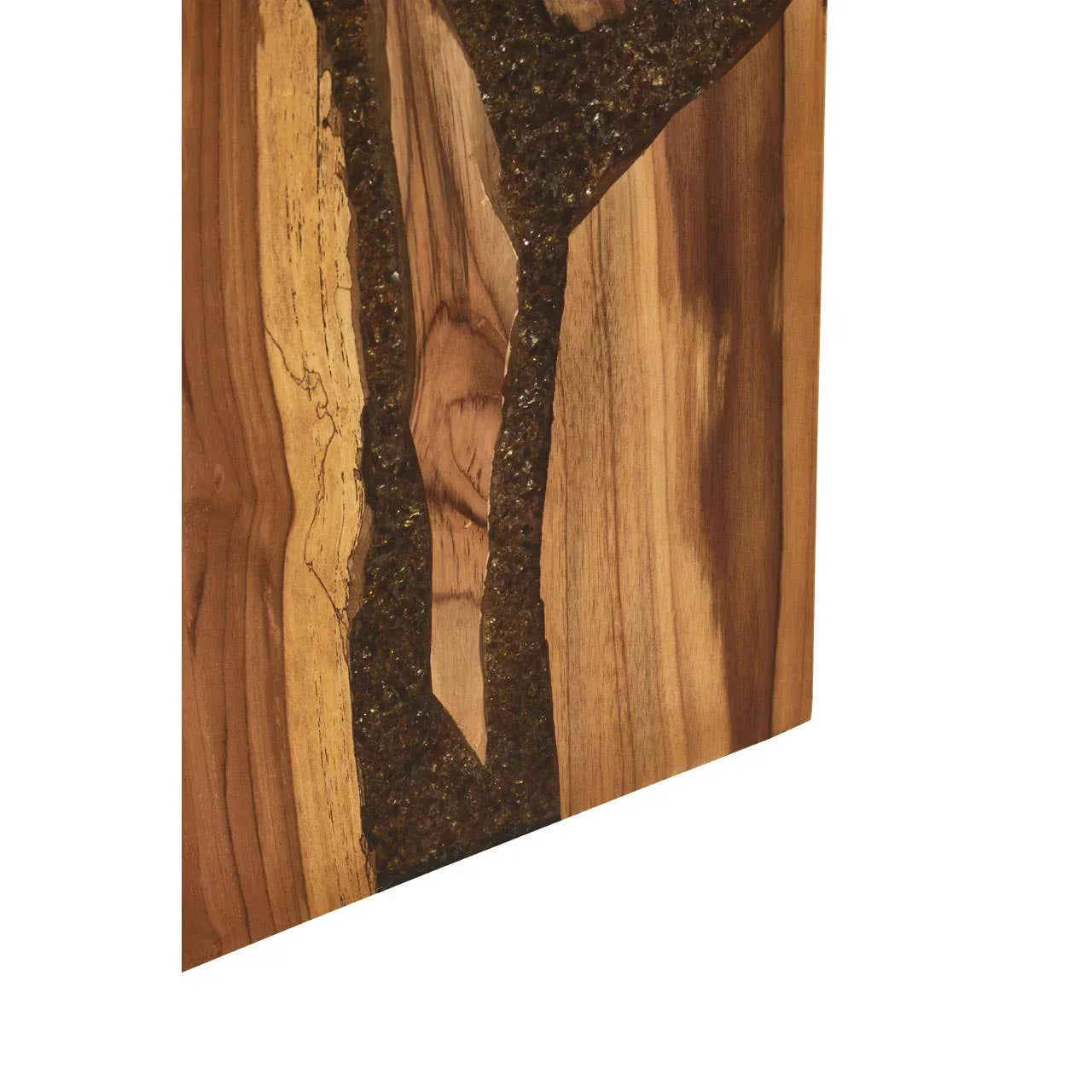 Close-up of live edge wood table corner with resin river detail