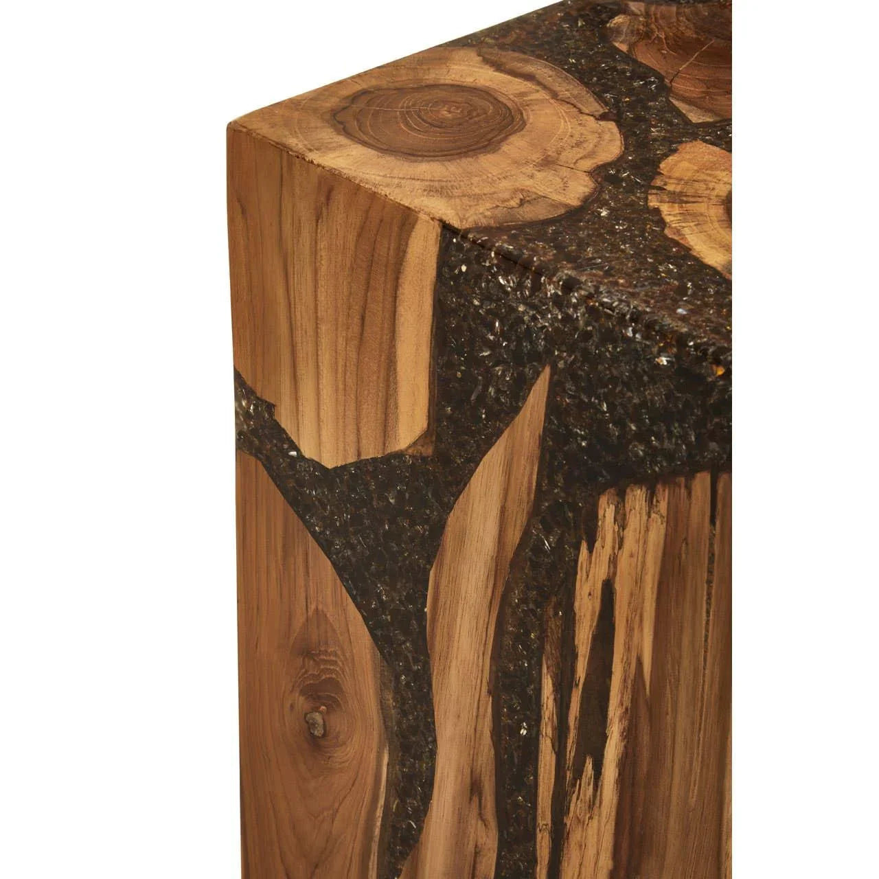 modern wooden side table with natural wood grain and glossy resin detail close-up