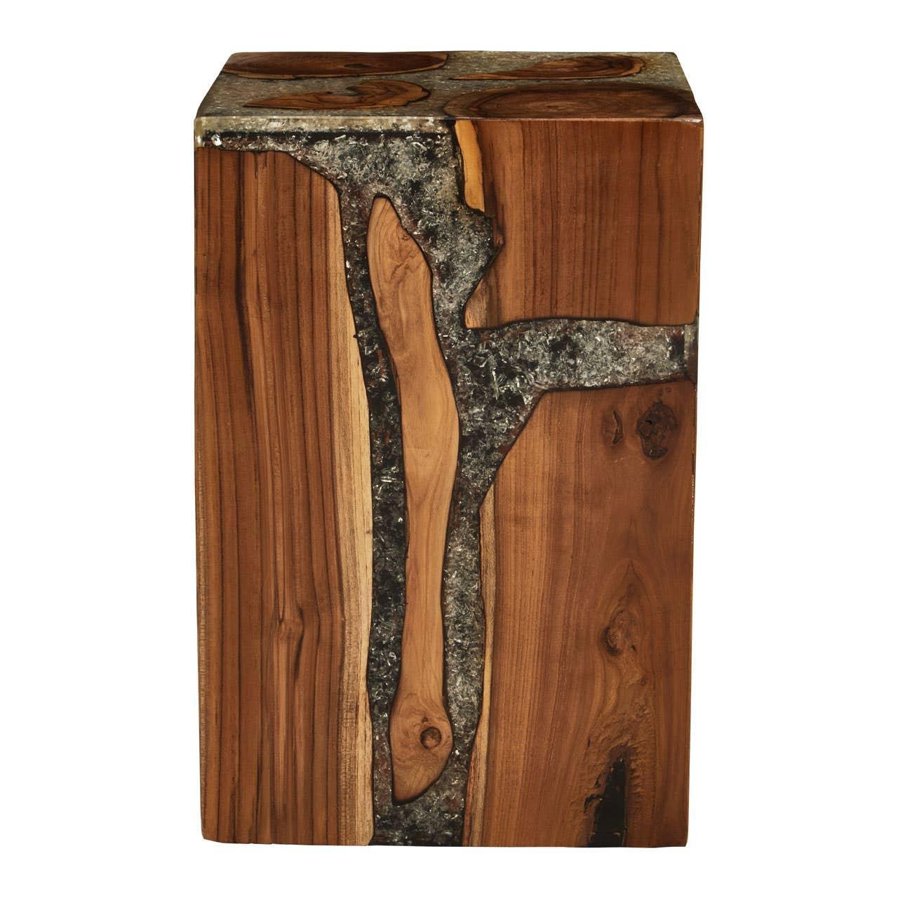 Rectangular wooden side table with natural wood grain and black resin river design