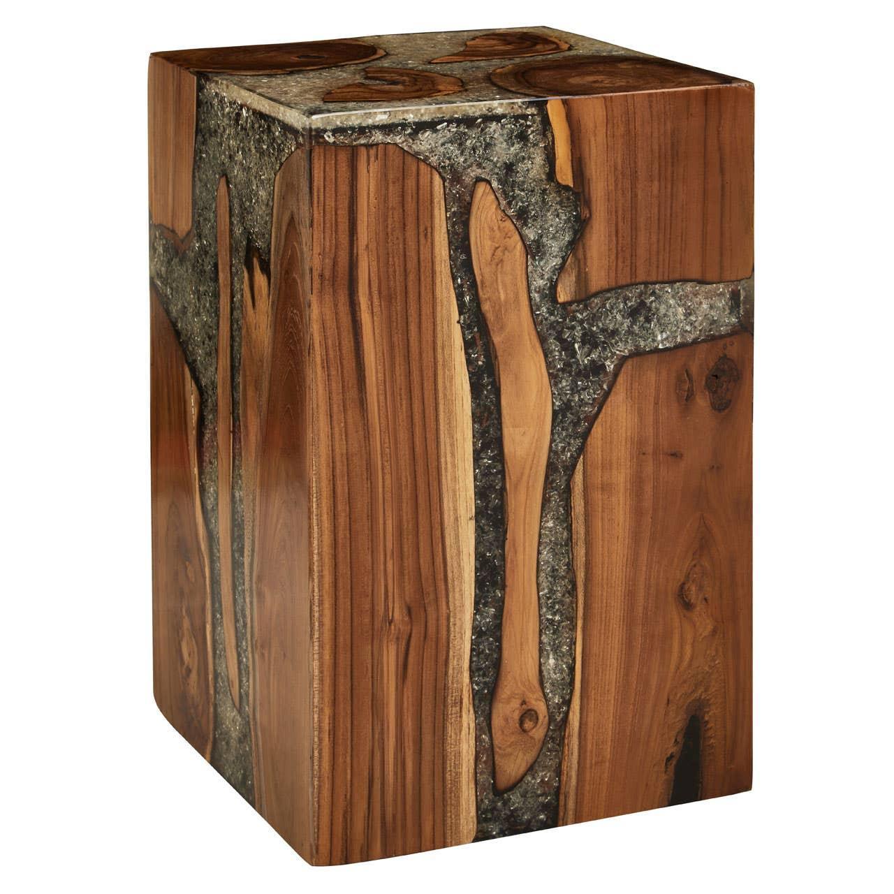 Acacia wood and resin side table with natural finish and textured black inlay, angled view