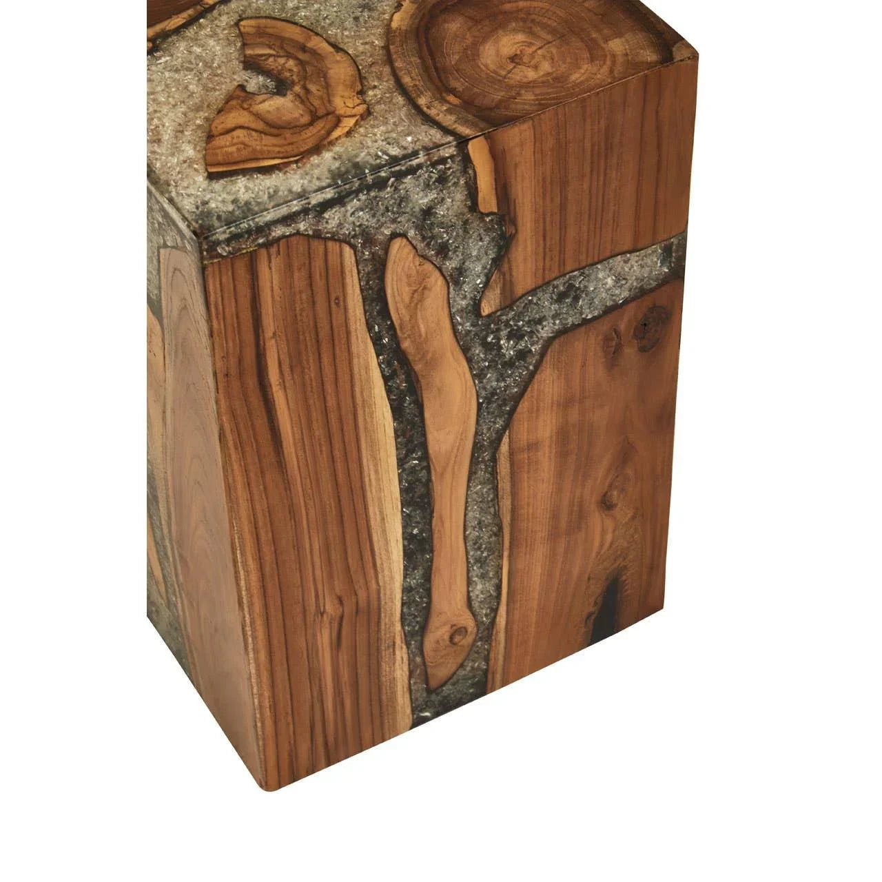 Solid wood and resin side table with natural grain and geometric block design