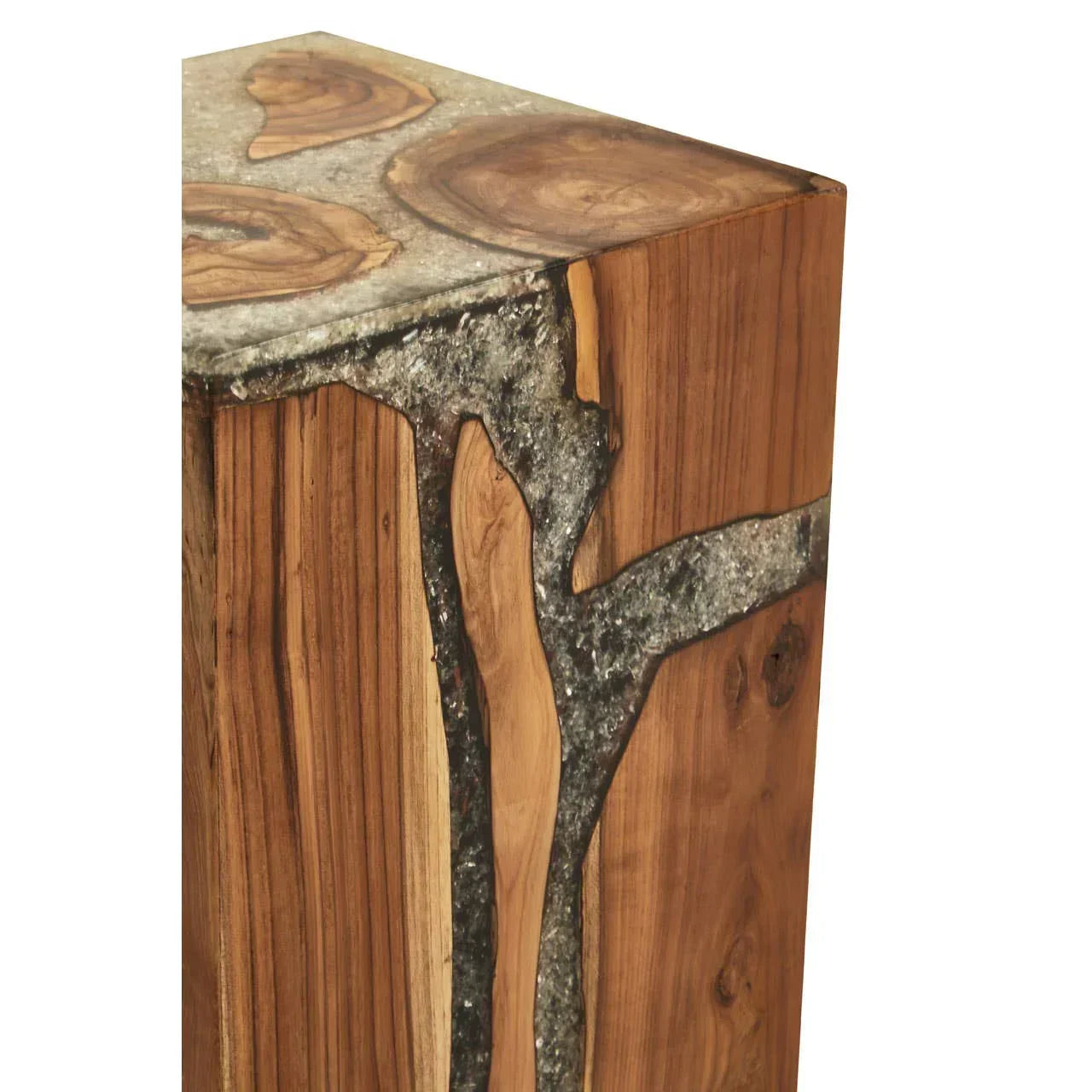 Closeup of wooden side table with exposed grain and metallic resin inlay detail