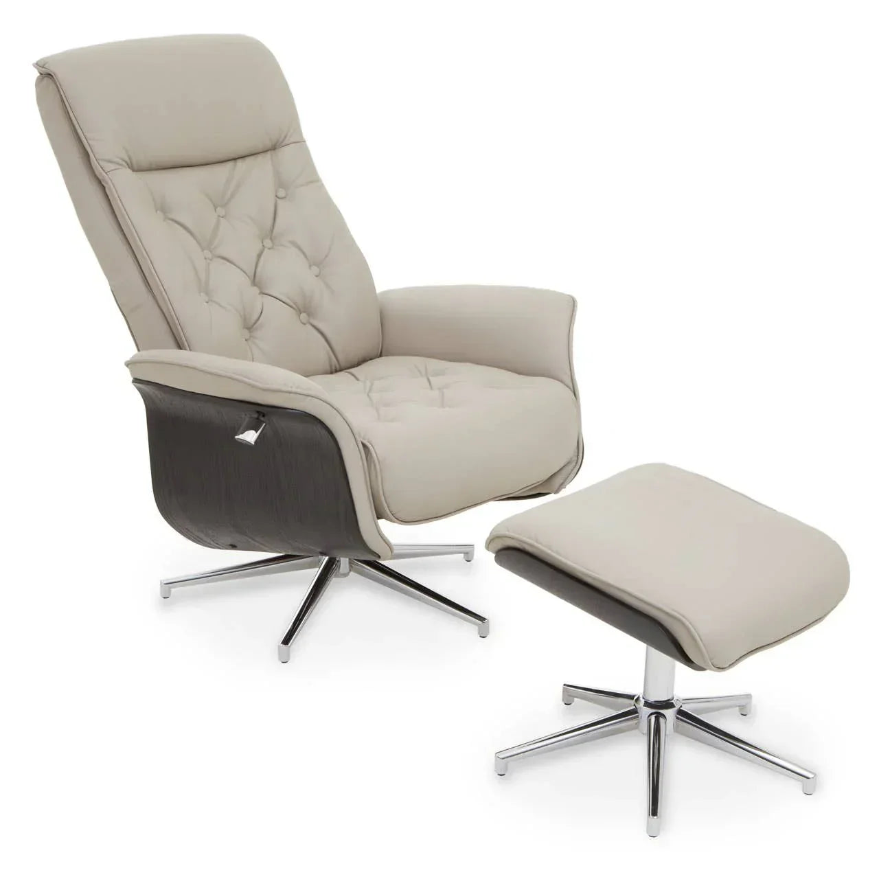 Beige reclining armchair with matching footstool and chrome legs, side angle view