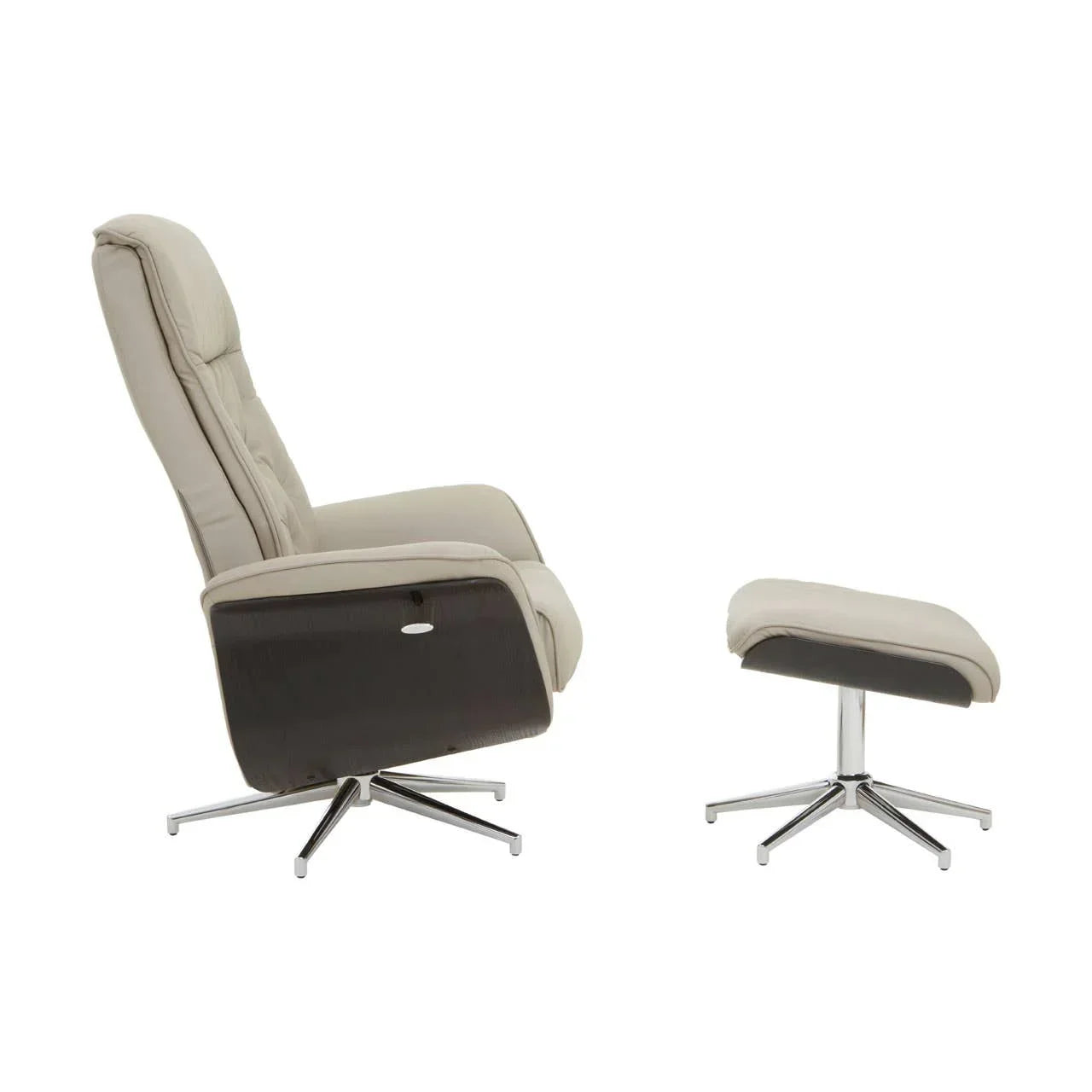 Beige recliner chair with matching footstool and chrome legs, side view