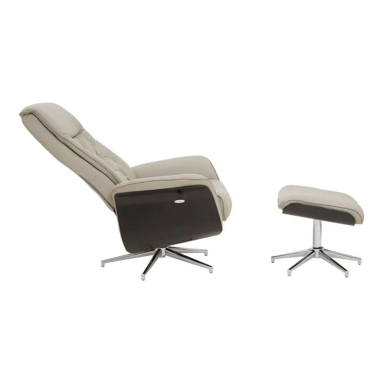 Beige recliner chair with matching footstool, chrome legs, side profile view