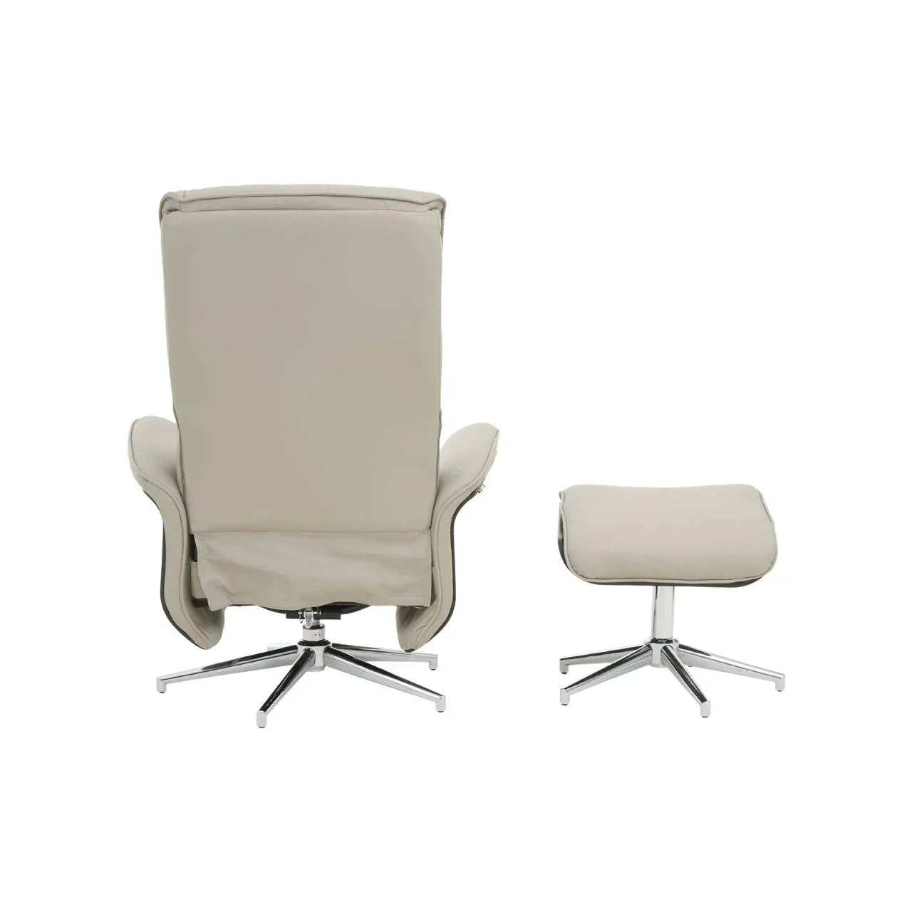 Beige recliner chair and matching footstool with chrome swivel bases, rear view