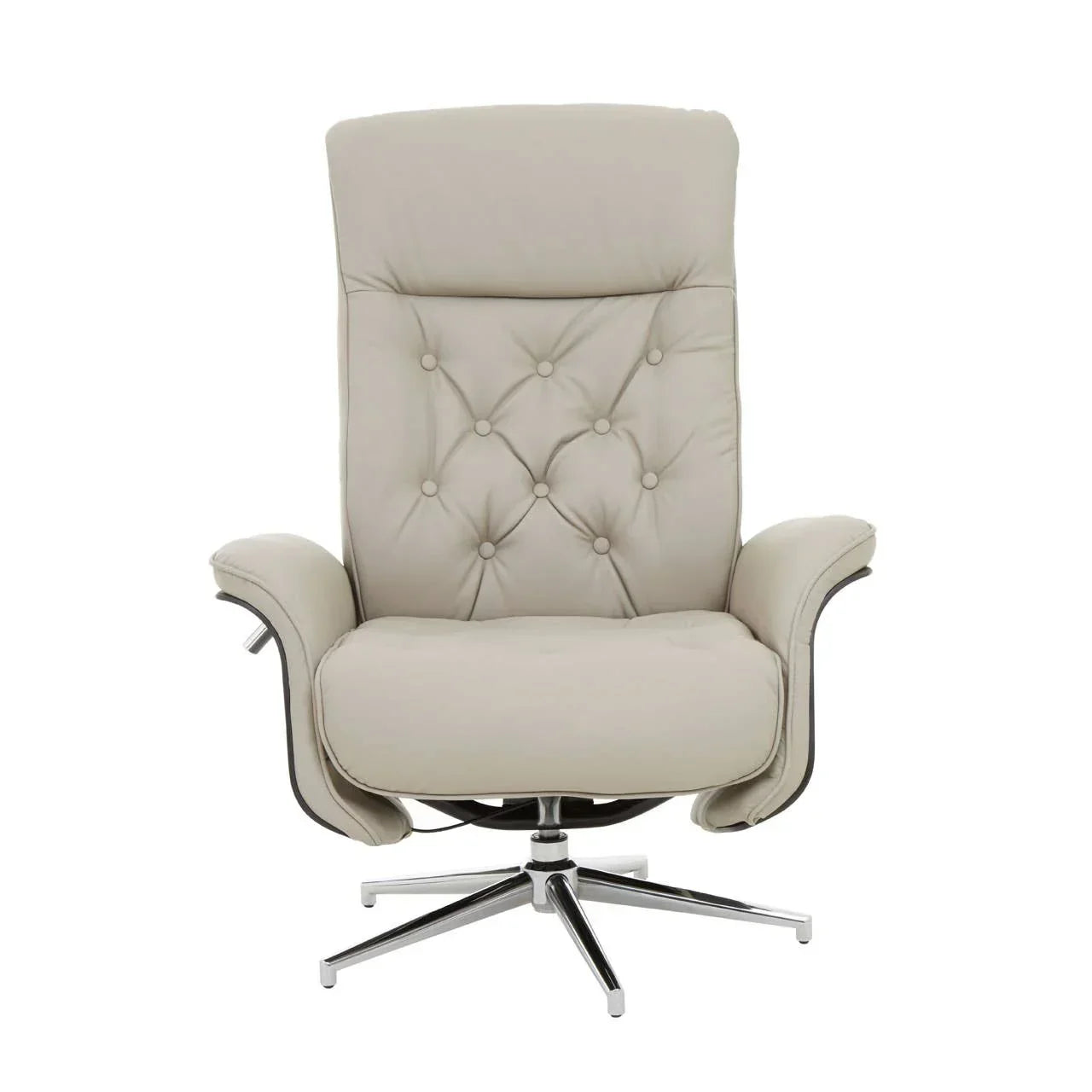 Beige leather recliner chair with tufted back and chrome swivel base, front view