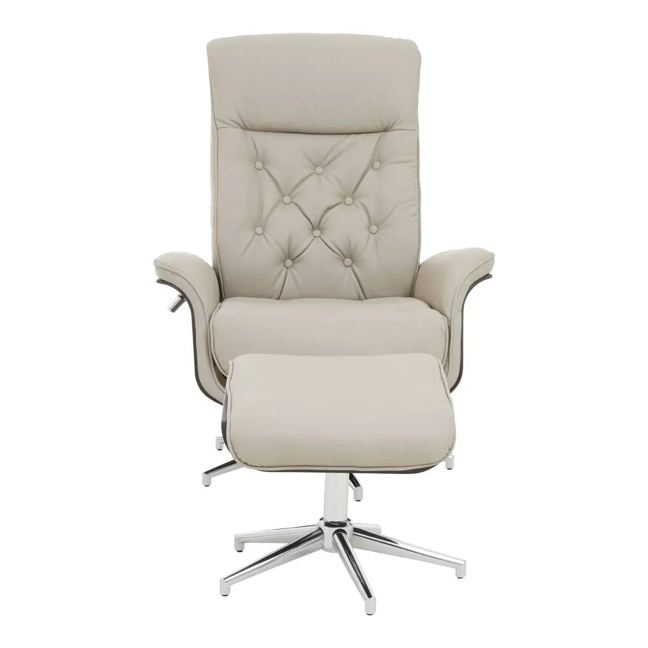 Beige recliner chair with matching footstool, chrome base, front view