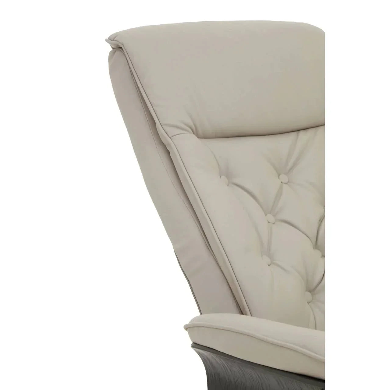Beige tufted leather armchair backrest with cushioned upholstery and wood frame detail