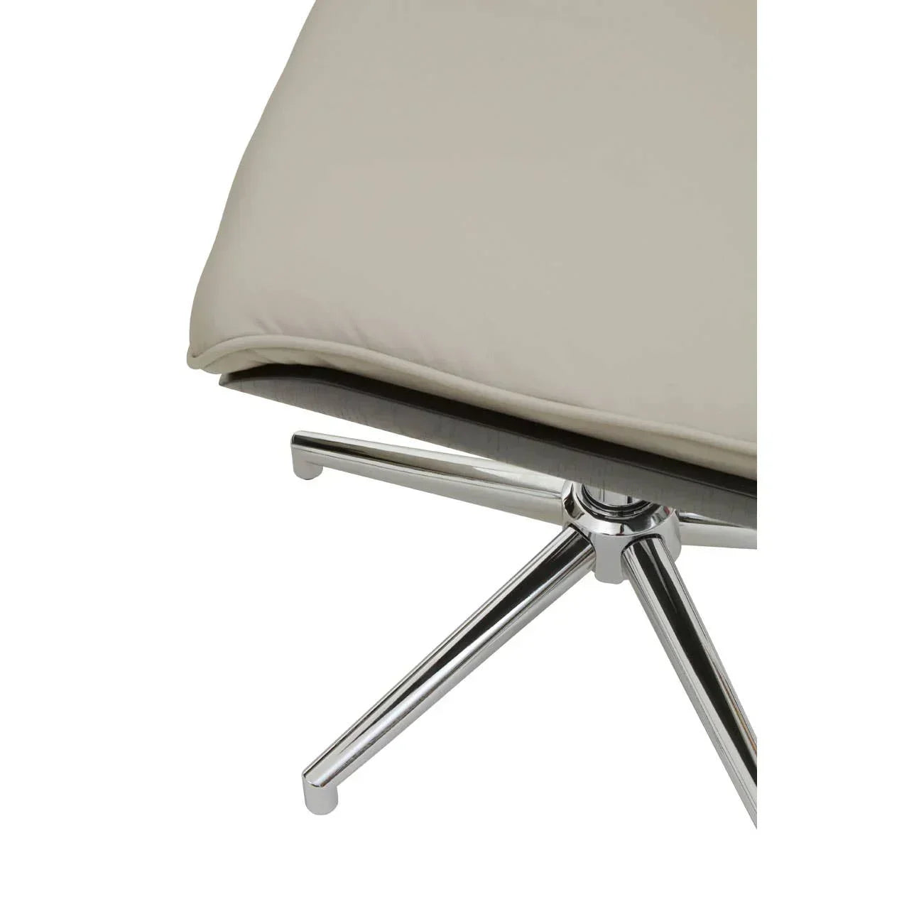 Beige chair seat with chrome metal swivel base, close-up of leg and cushion detail
