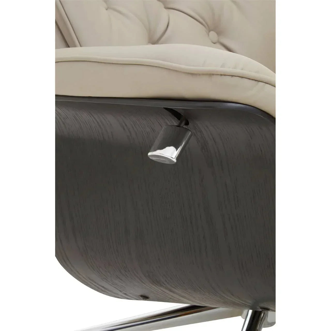 Beige upholstered chair with dark wood frame and chrome recliner lever close-up
