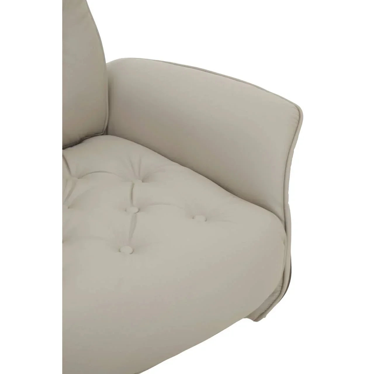 Beige fabric sofa corner with button-tufted seat cushion and curved armrest detail