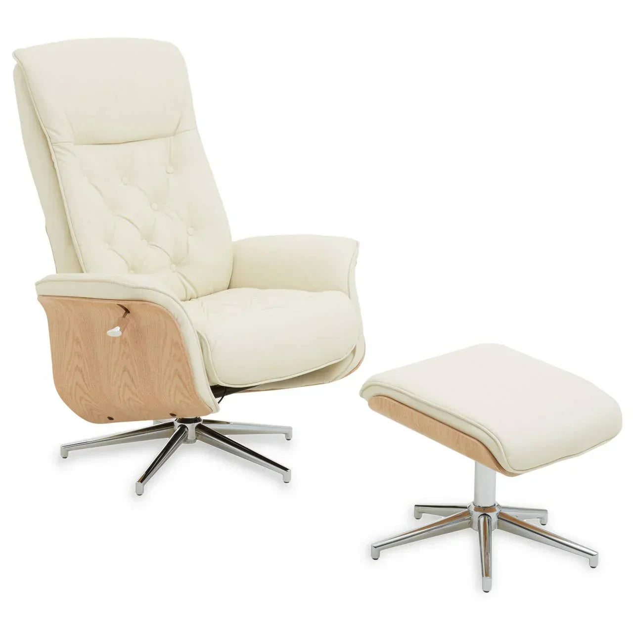 Cream recliner chair with matching footstool, chrome legs, and light wood panel detail
