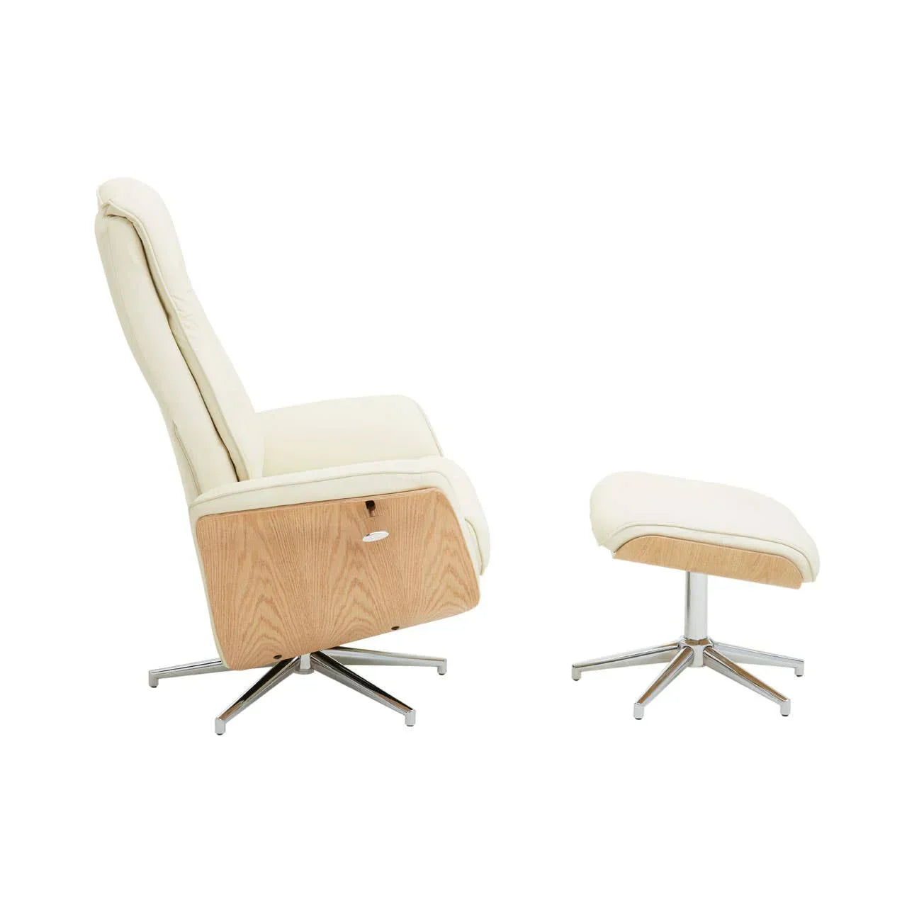 Cream recliner chair with matching ottoman, wood panel sides, chrome swivel base, side view