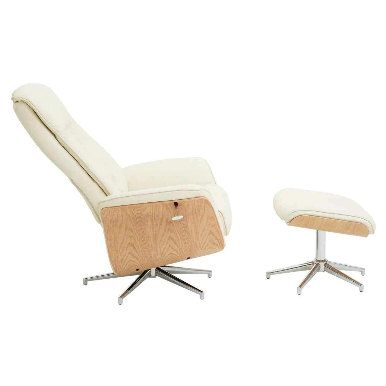 Cream recliner chair with wood side panel and matching footstool on chrome legs, side view