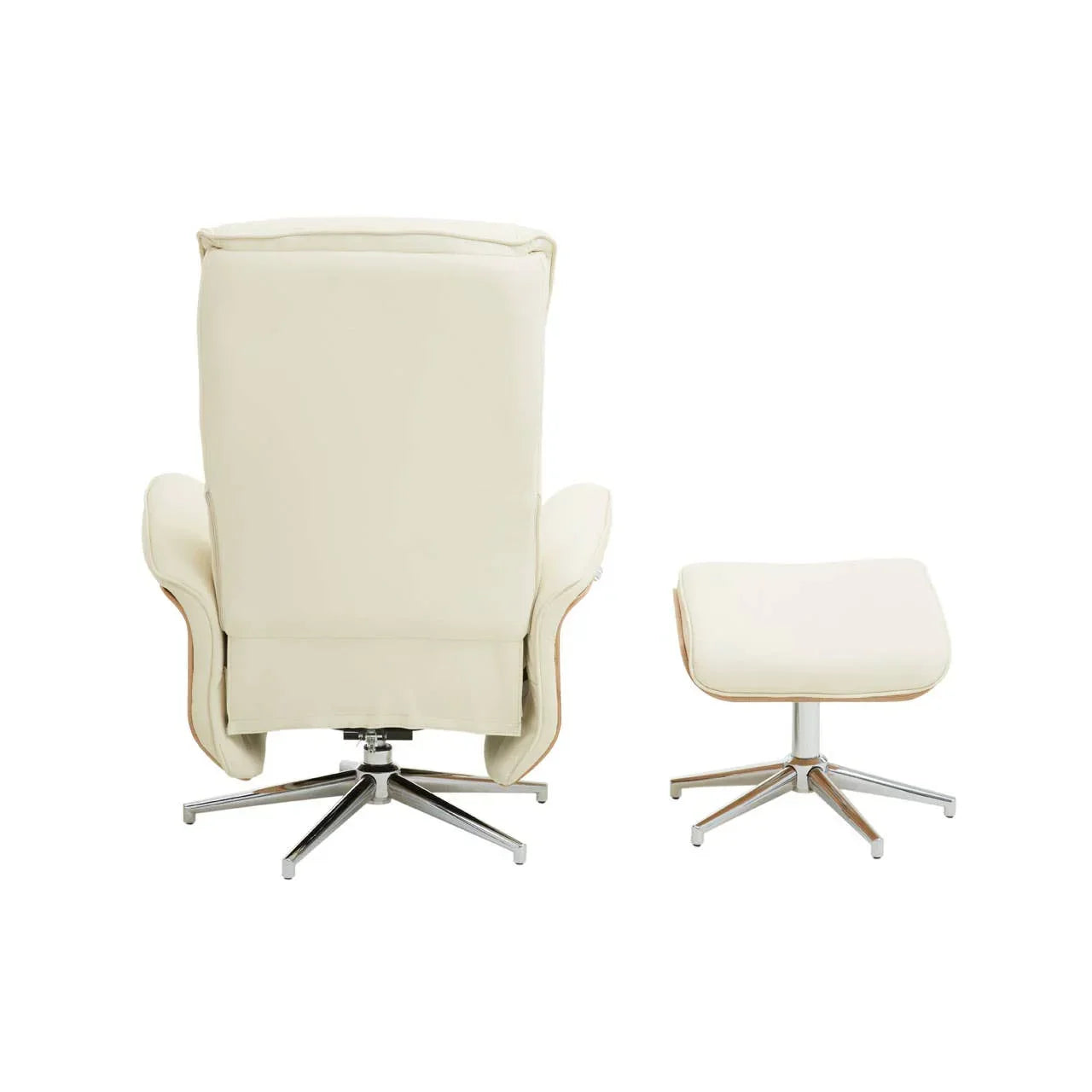 Back view cream swivel recliner chair with matching footstool and chrome base