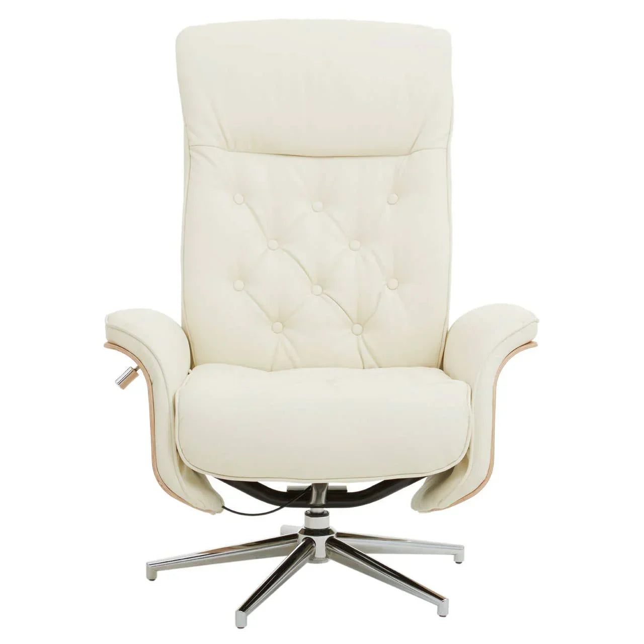 Cream leather recliner chair with high back, button detailing and chrome swivel base