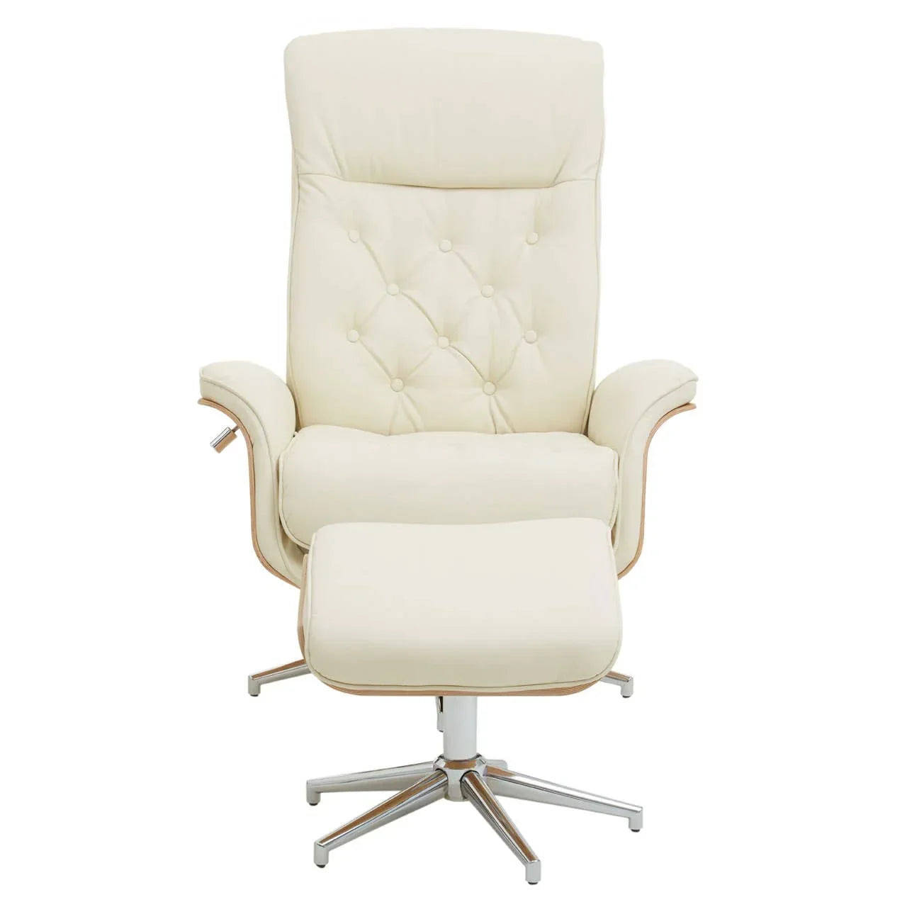 Cream leather recliner chair with matching footstool and chrome swivel base