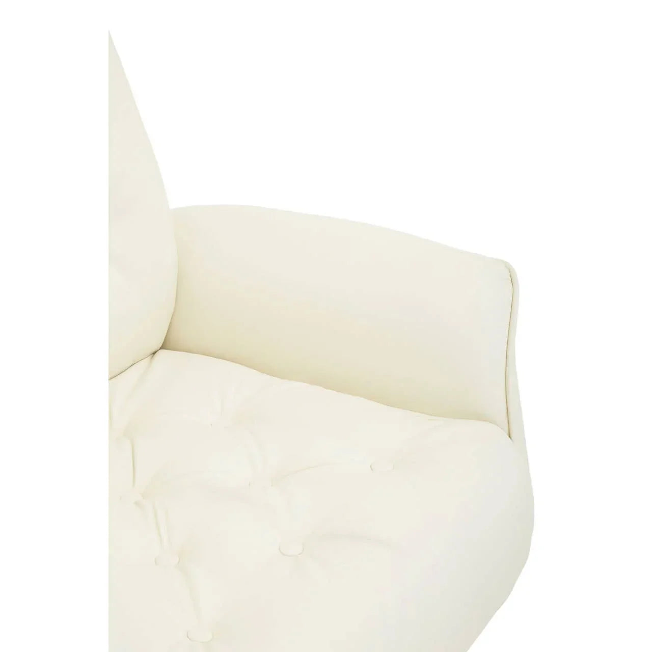 Close view of cream upholstered sofa armrest and tufted seat cushion