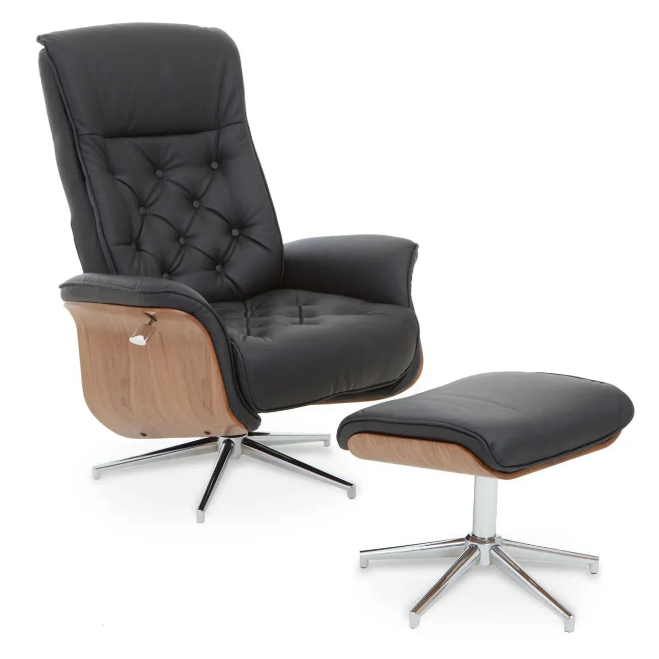 Black leather recliner armchair with matching footstool, wood sides and chrome base