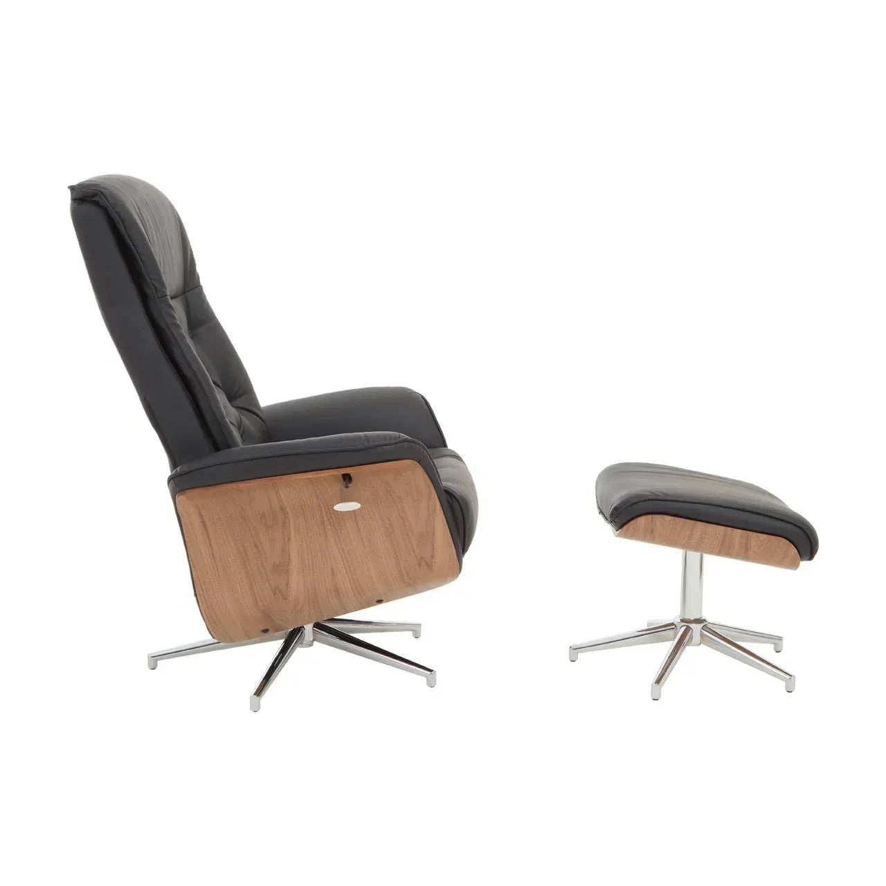 Black leather recliner chair with matching footstool, wood panel sides, chrome base