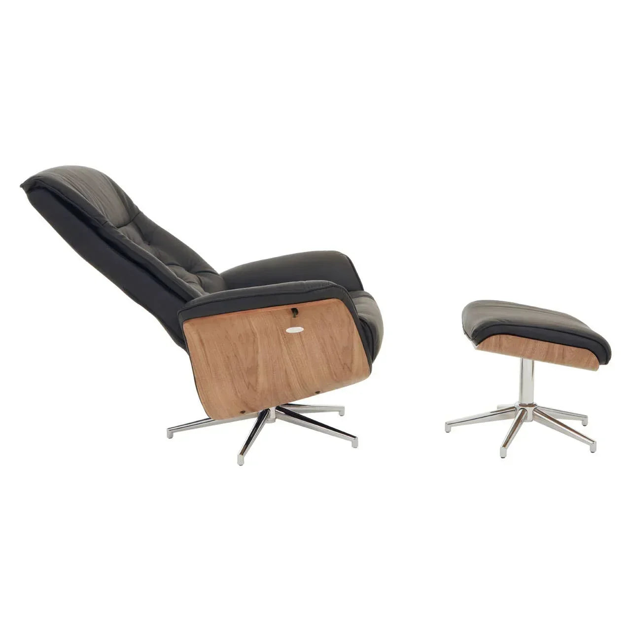 Black leather recliner chair with matching ottoman, wood sides and chrome swivel base