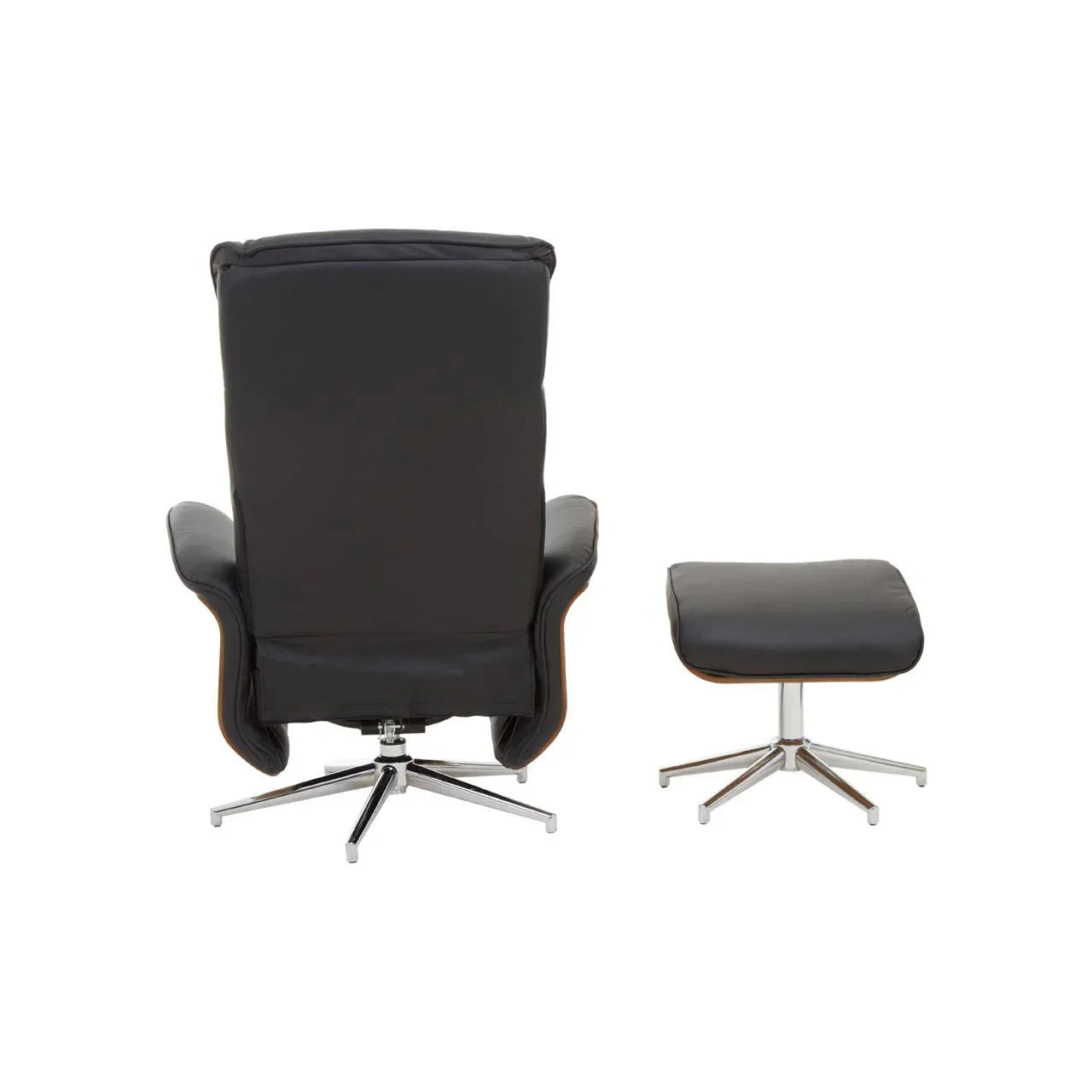 Black leather recliner chair and matching ottoman with chrome bases, rear view