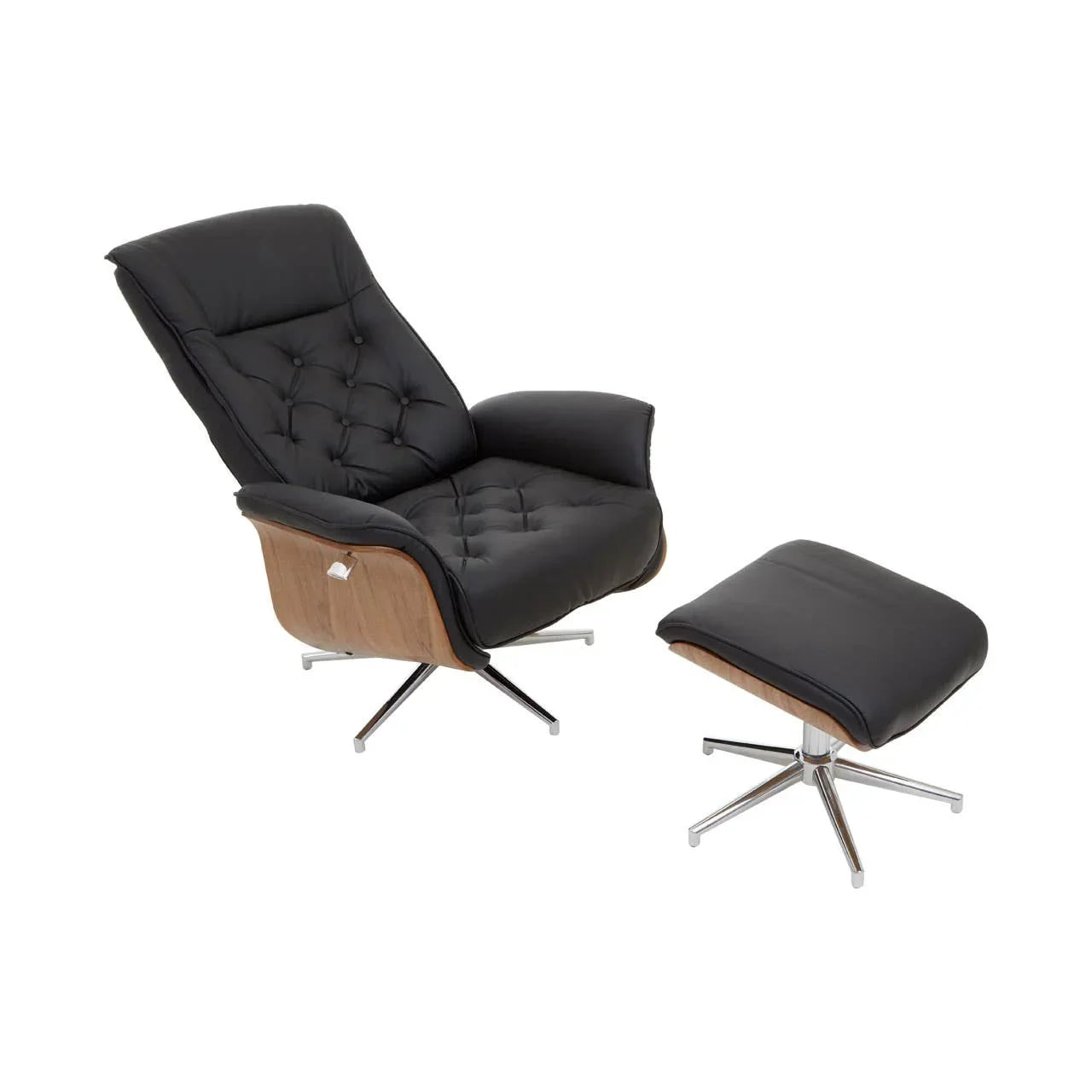 Black leather recliner chair with matching footstool, wood accents and chrome legs