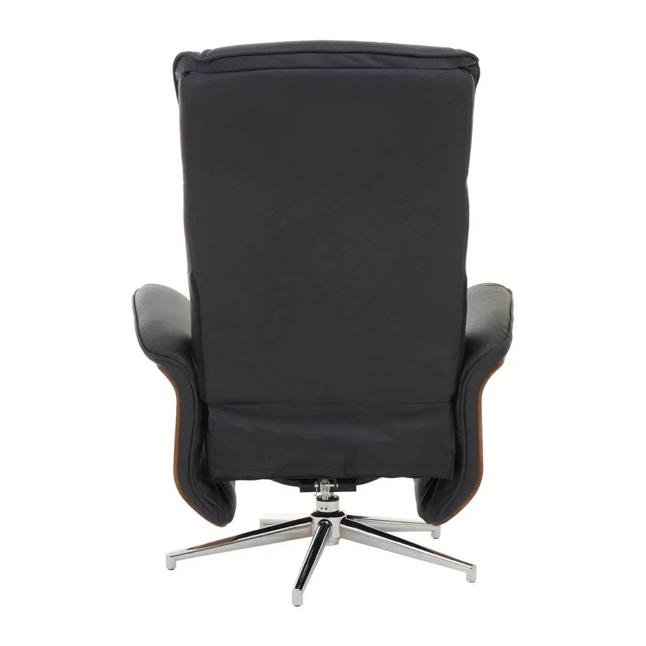 Black leather swivel recliner chair rear view with chrome base and padded backrest