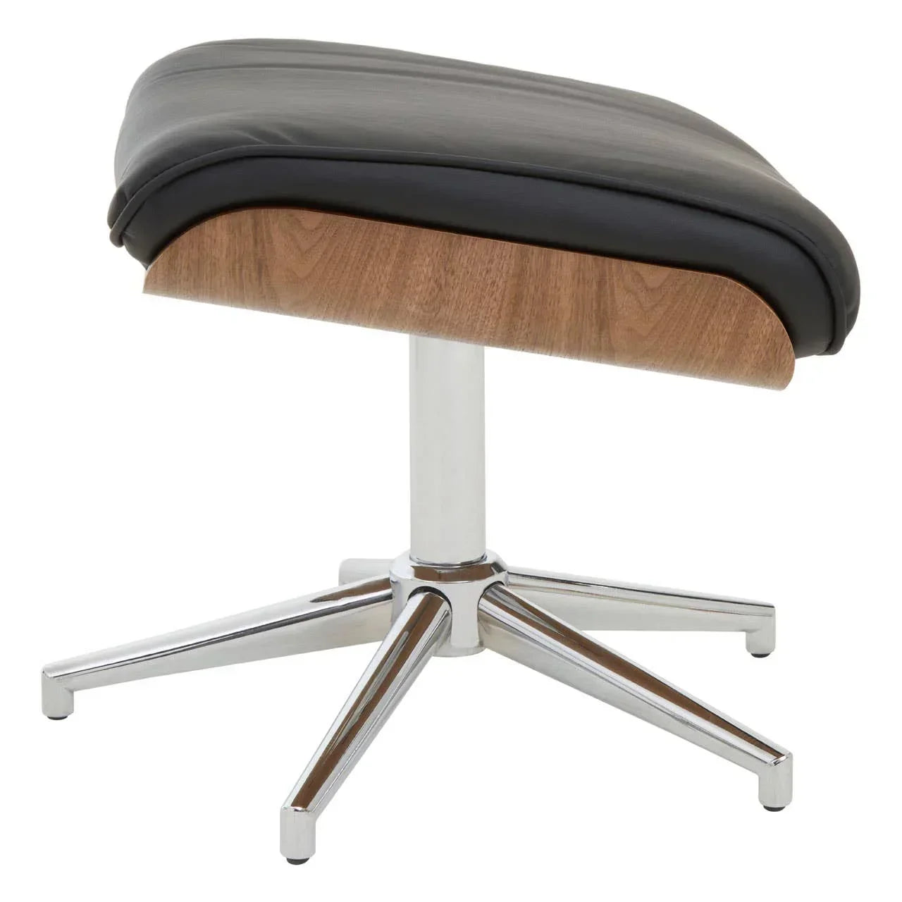 Black leather footstool with wood accent and chrome swivel base, side view