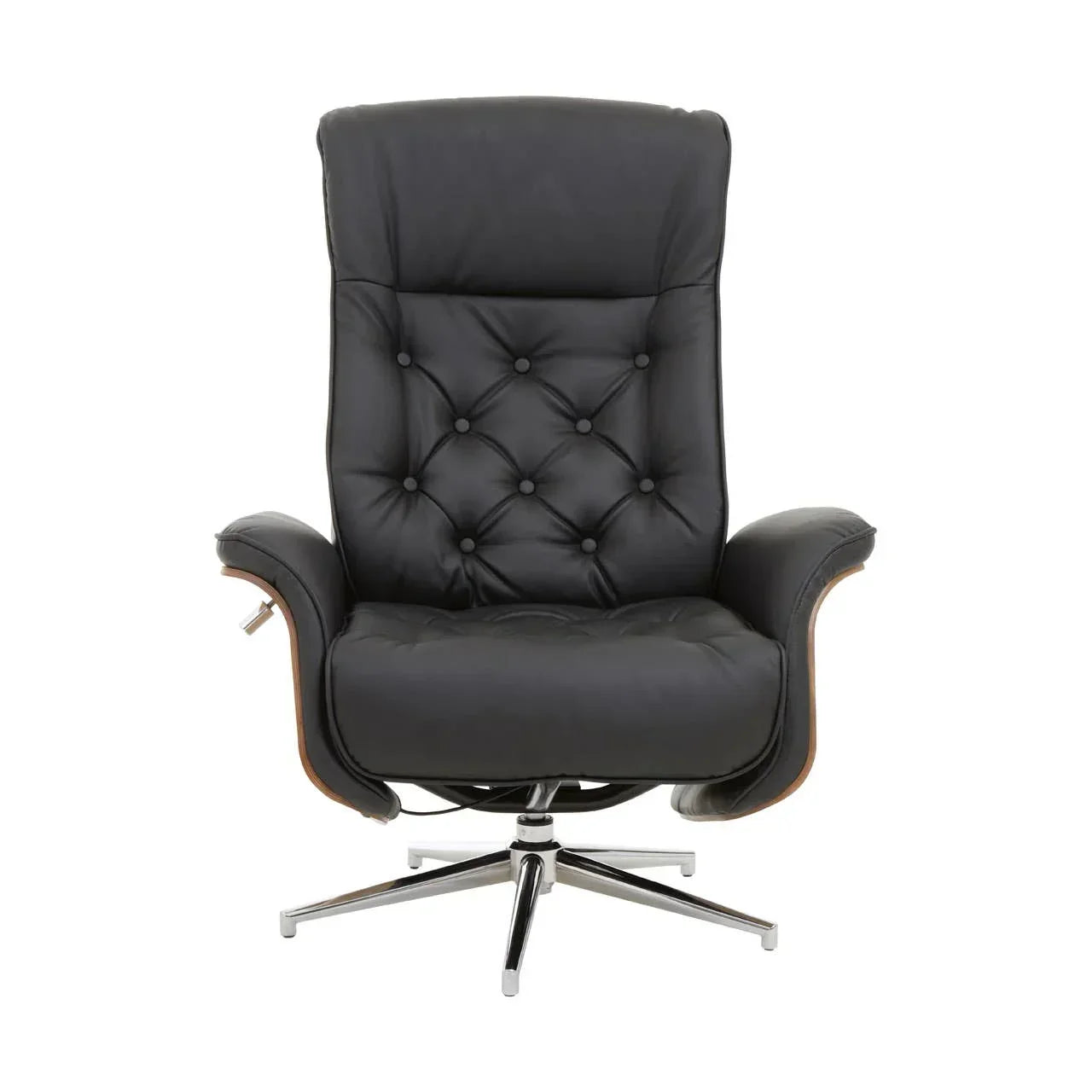 Black leather recliner chair with tufted backrest and chrome swivel base front view