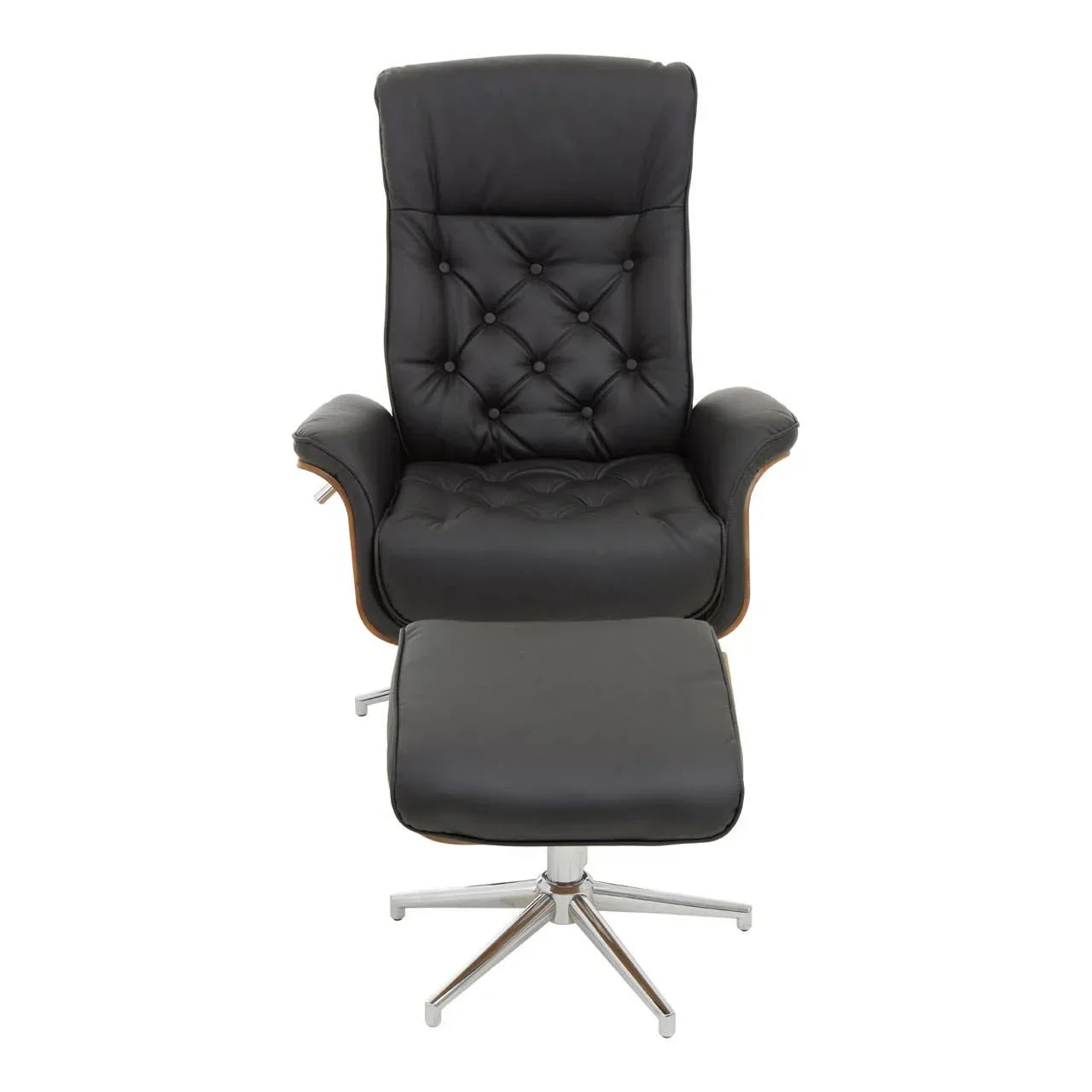 Black leather recliner chair with matching footstool and chrome base, front view