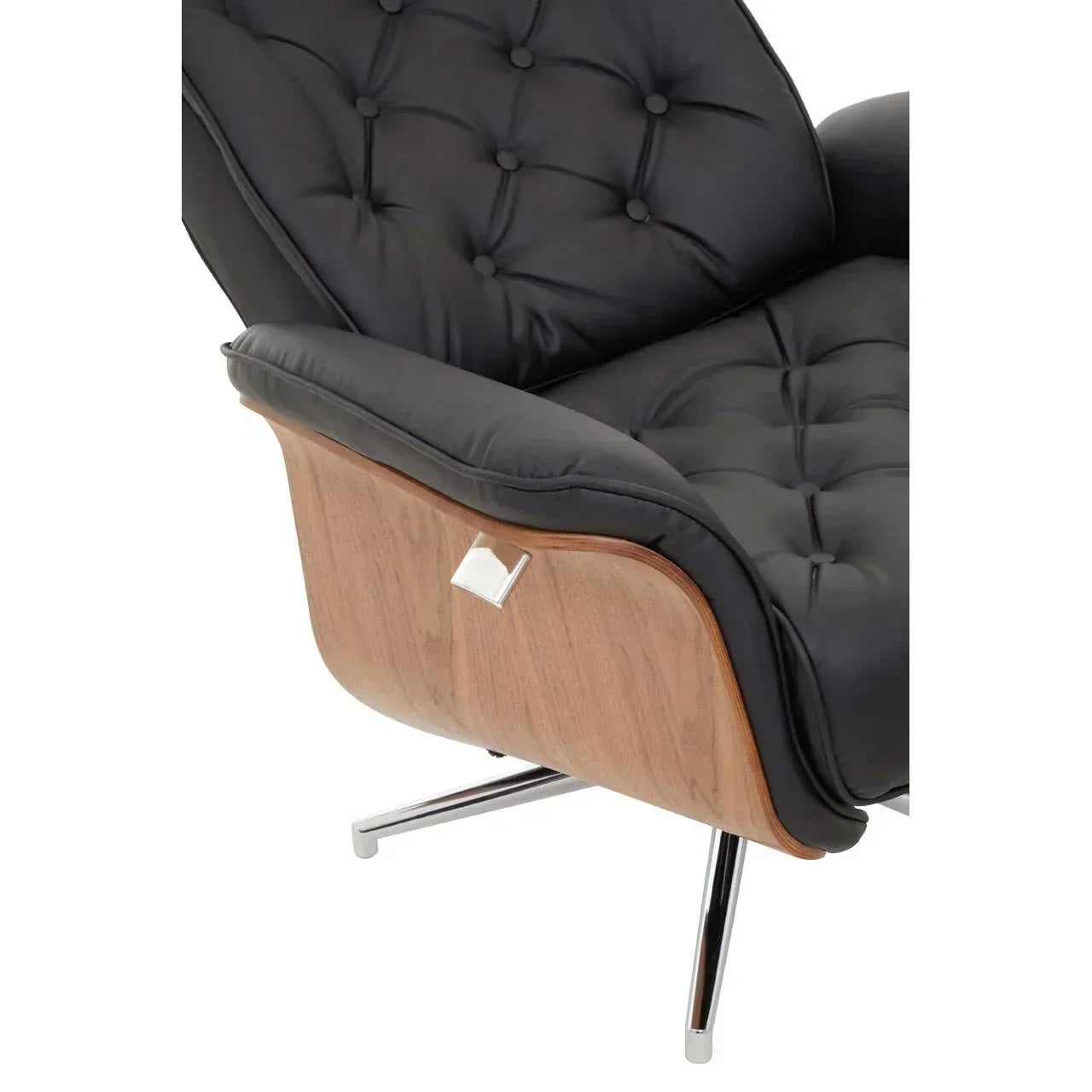 Black leather armchair with button-tufted seat, walnut wood frame, chrome legs detail