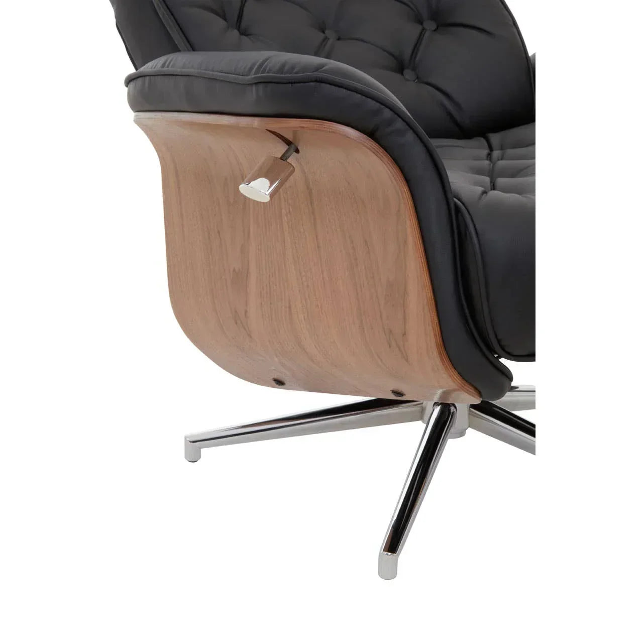 Black leather recliner chair with curved wood back and metal swivel base