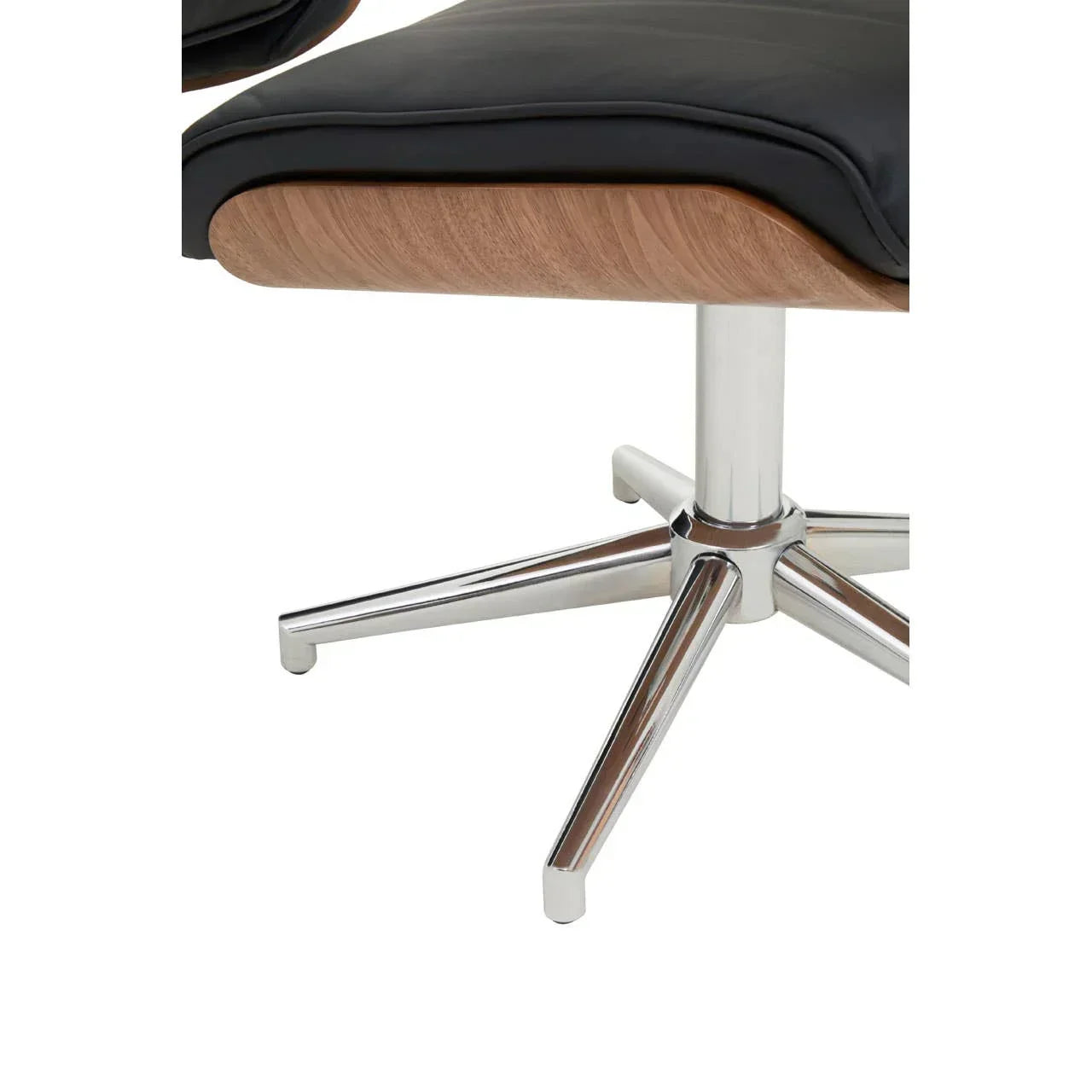 Modern lounge chair with chrome swivel base and walnut wood detail