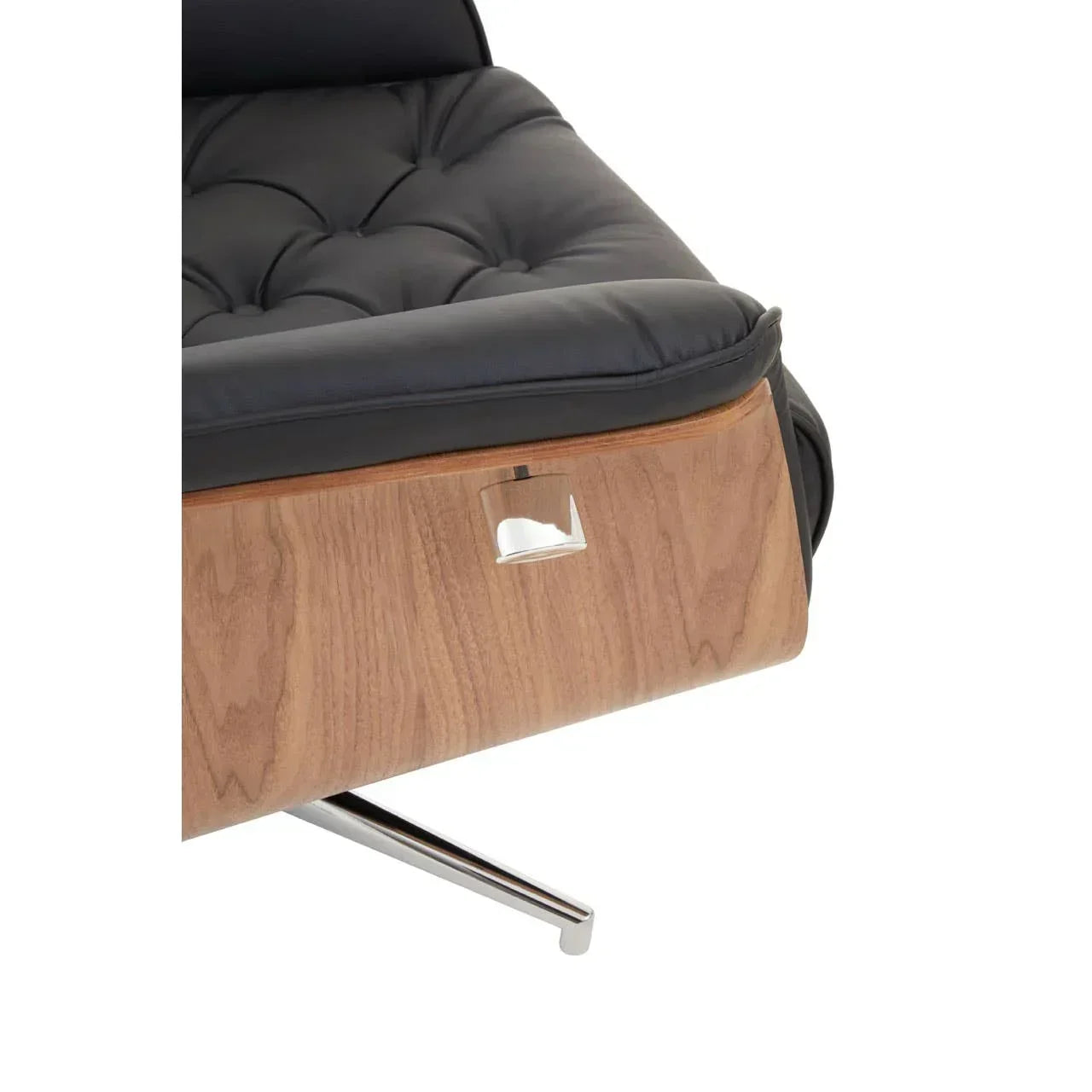 Black leather armchair seat with tufted cushion and curved walnut wood panel base