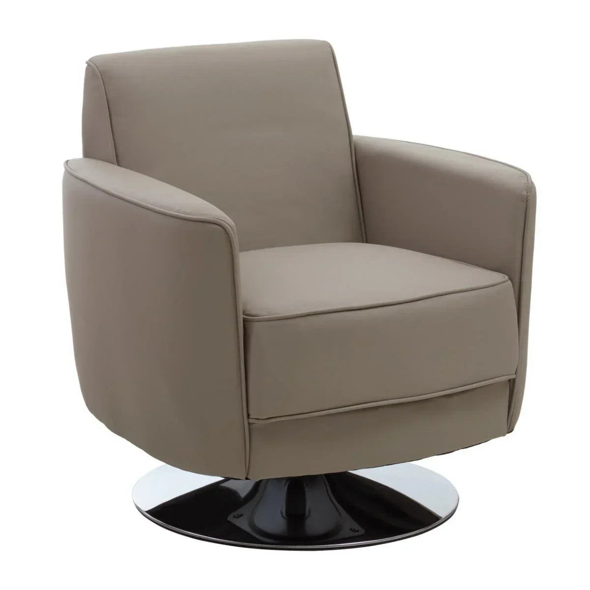 Taupe swivel armchair with padded seat and back on chrome circular base