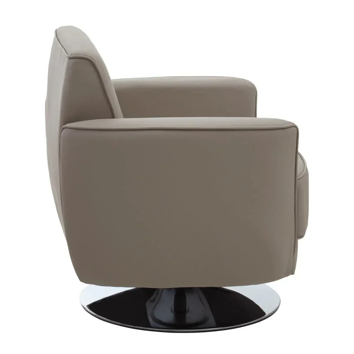 Taupe leather swivel chair side view with chrome circular base