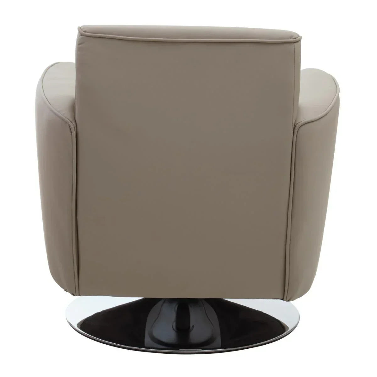Taupe swivel armchair with chrome circular base shown from the back