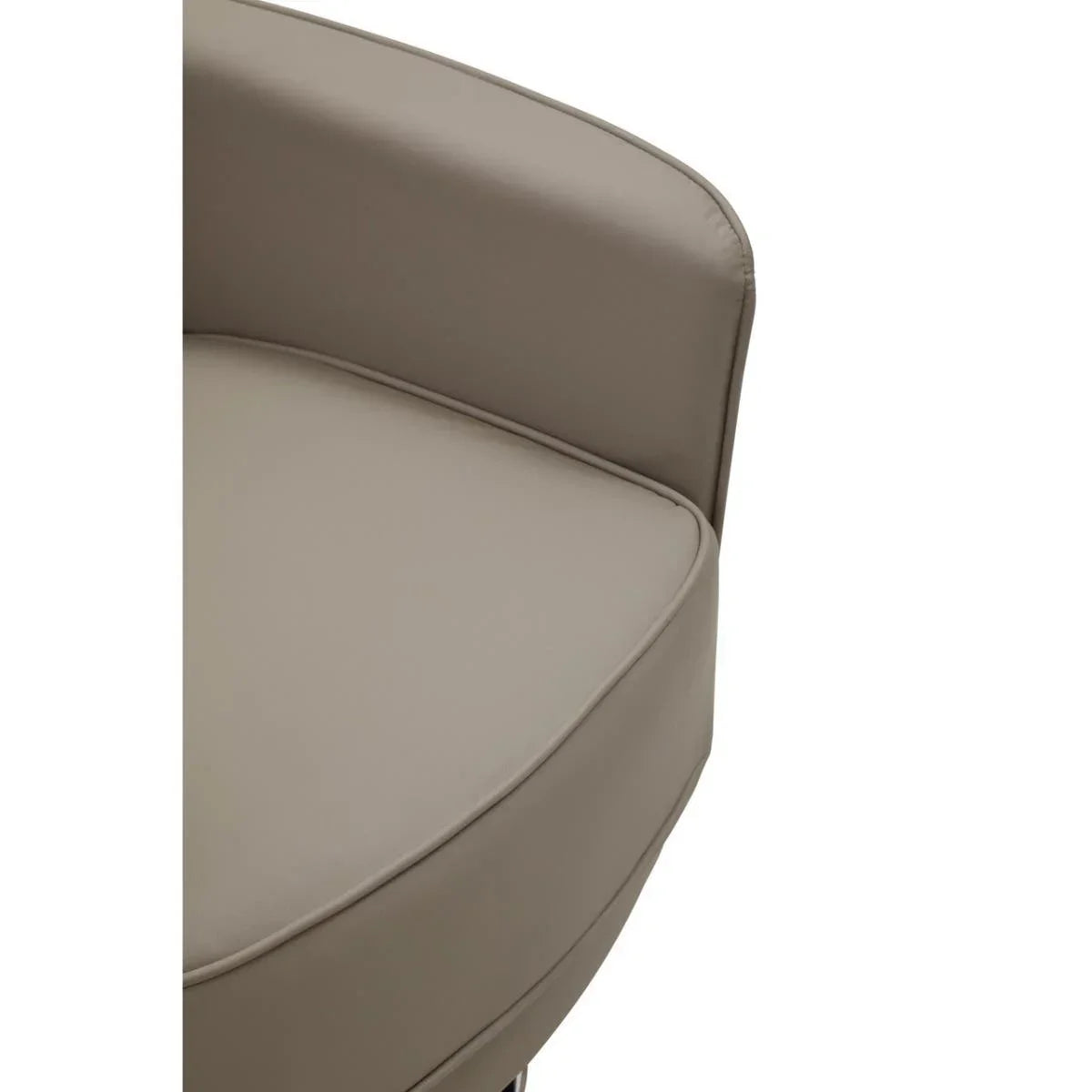 Close up of taupe faux leather armchair seat with curved backrest