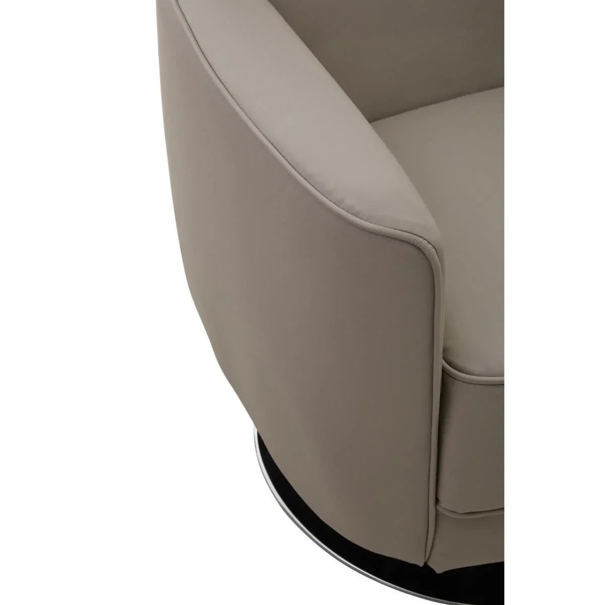 Closeup of taupe swivel armchair with smooth upholstery and rounded armrest