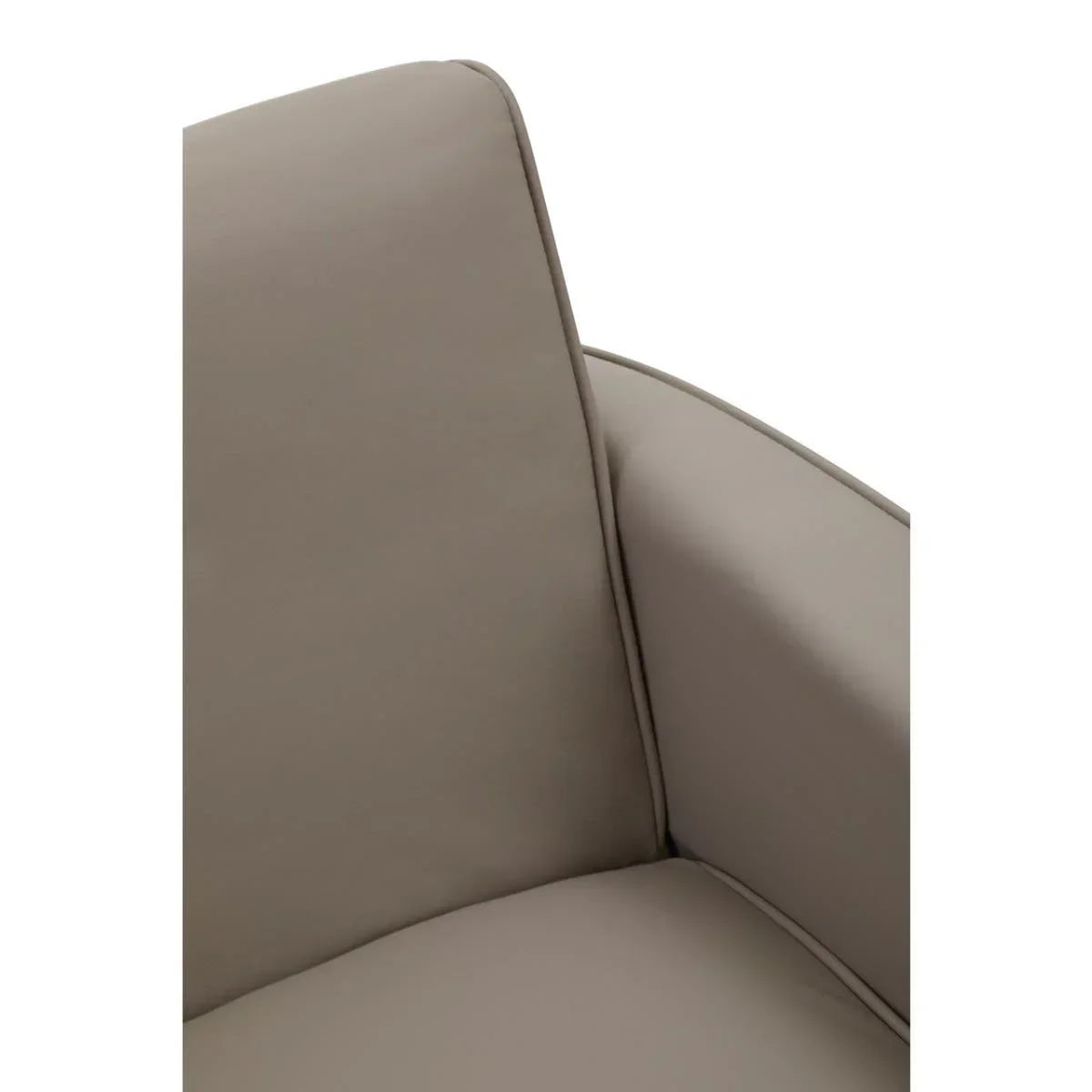 Close-up of taupe sofa arm and backrest with smooth upholstery